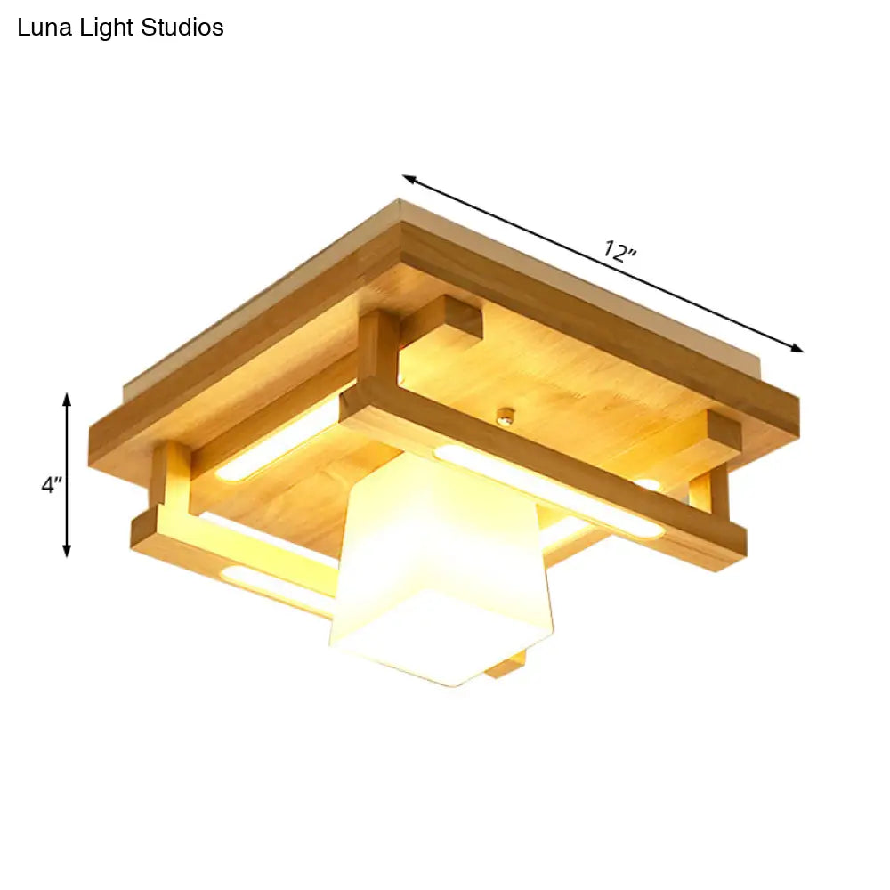 Modernist Wood Square Flush Mount Lighting With 1/4/9 Brown Led Lights And White Glass Cubic Shade