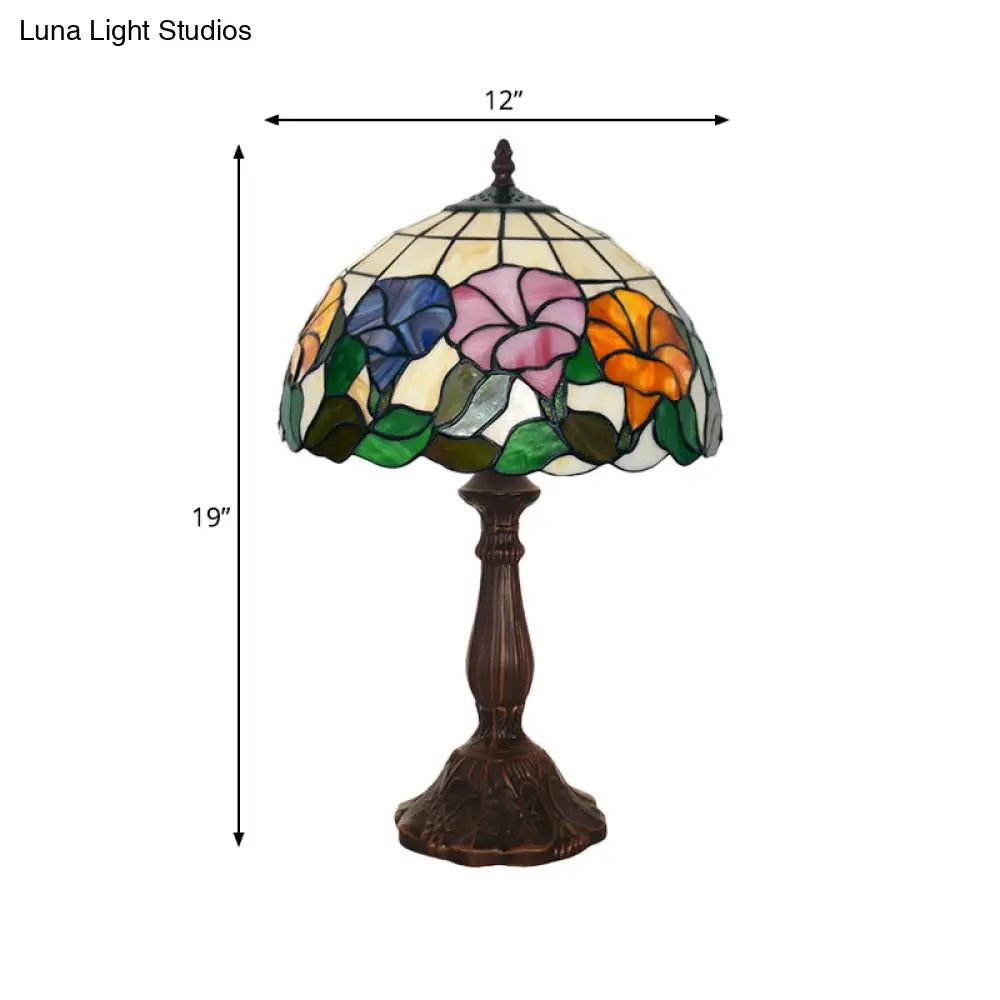 Morning-Glory Cut Glass Table Lamp: Tiffany Style Bronze Finish Single-Bulb Nightstand Light For