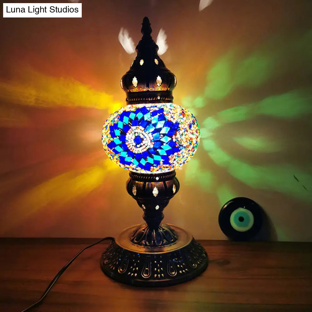 Moroccan-Style Stained Glass Night Light Sphere Table Lamp With Metal Base