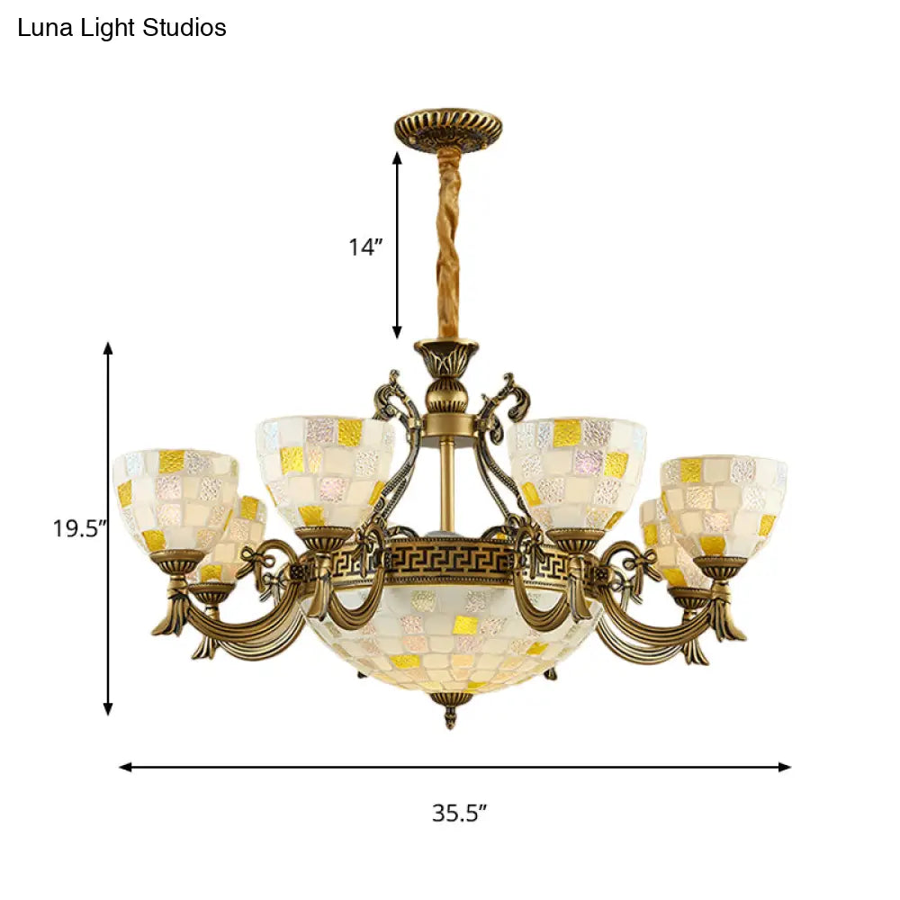 Mosaic Design Tiffany Chandelier With 6/8 Lights In Aged Brass And White Glass Pendant