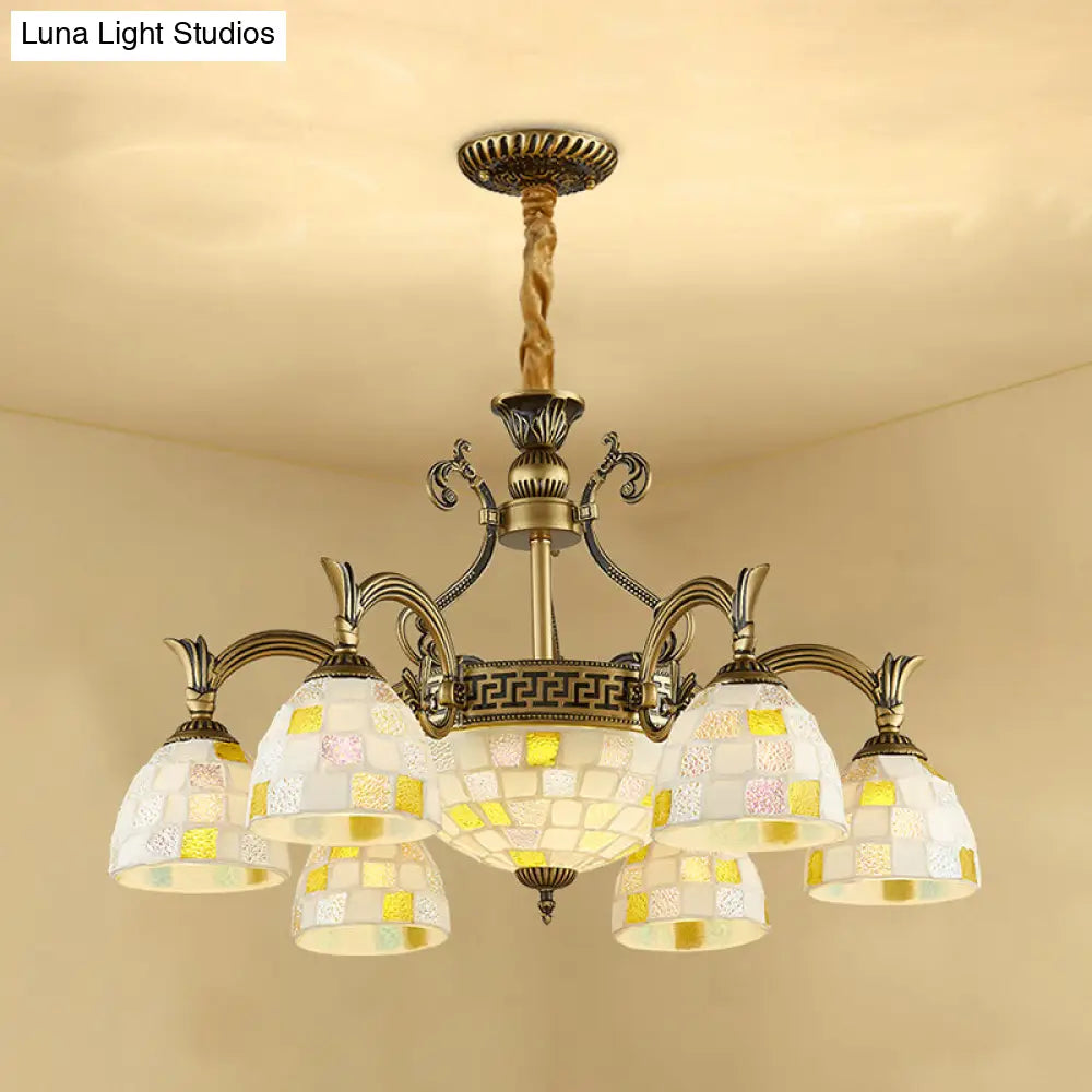 Mosaic Design Tiffany Chandelier With 6/8 Lights In Aged Brass And White Glass Pendant