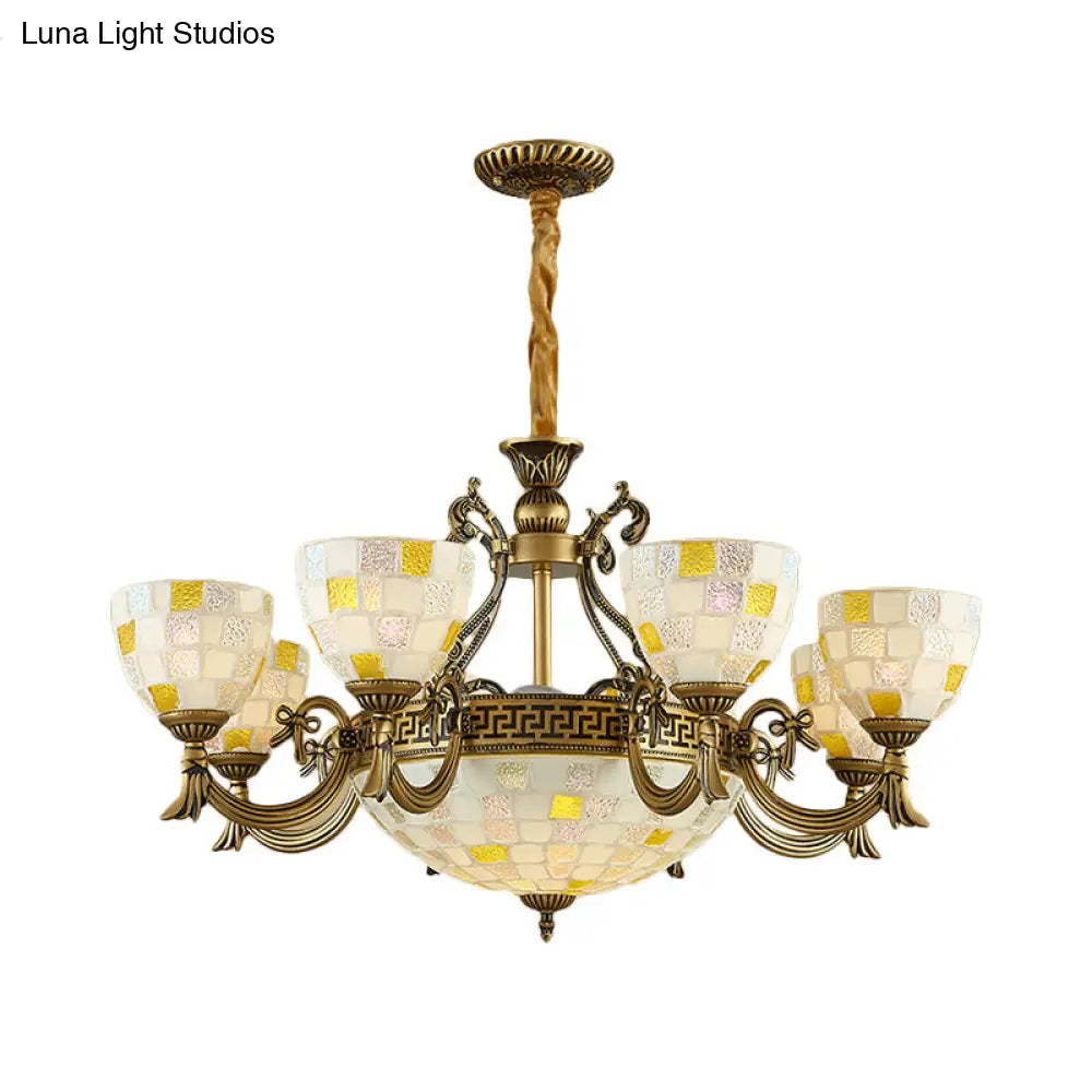 Mosaic Design Tiffany Chandelier With 6/8 Lights In Aged Brass And White Glass Pendant