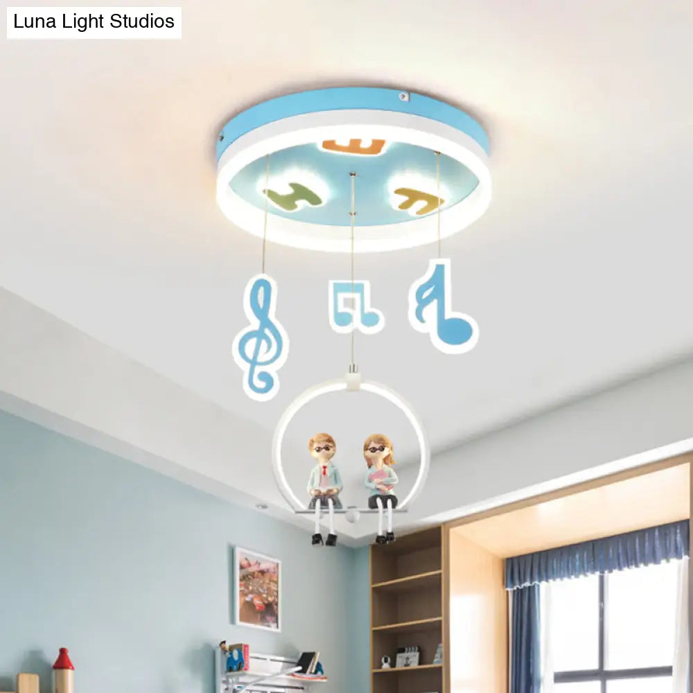 Musical Note Led Ceiling Light With Adorable Boy And Girl Resin Figures - Blue Acrylic Flush Mount