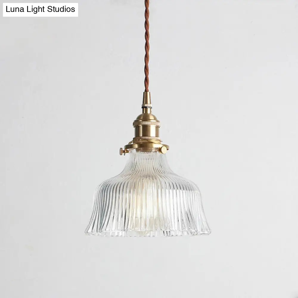Nautical Brass Pendant Lamp - Clear Glass Pleated Design 1-Light Ceiling Fixture For Restaurants