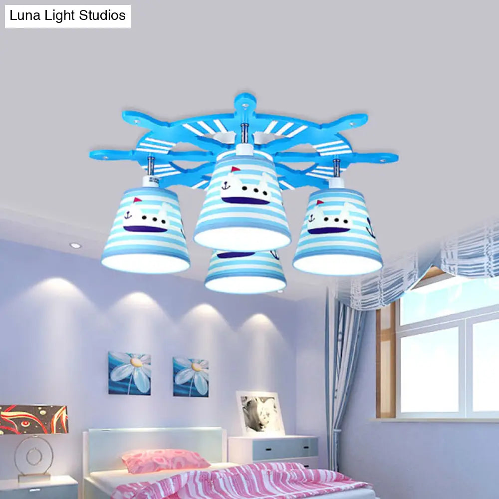 Nautical Semi - Flush Ceiling Light With 4 Wood Lights In Blue For Foyer