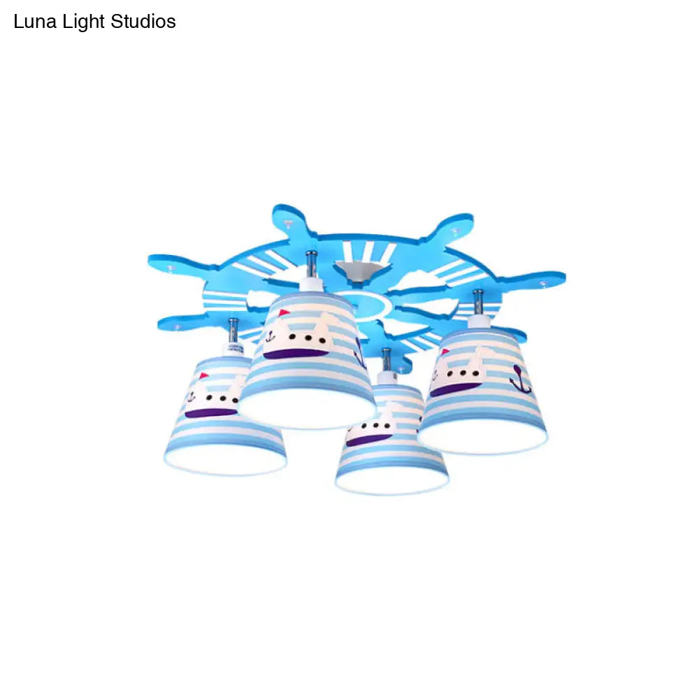Nautical Semi - Flush Ceiling Light With 4 Wood Lights In Blue For Foyer