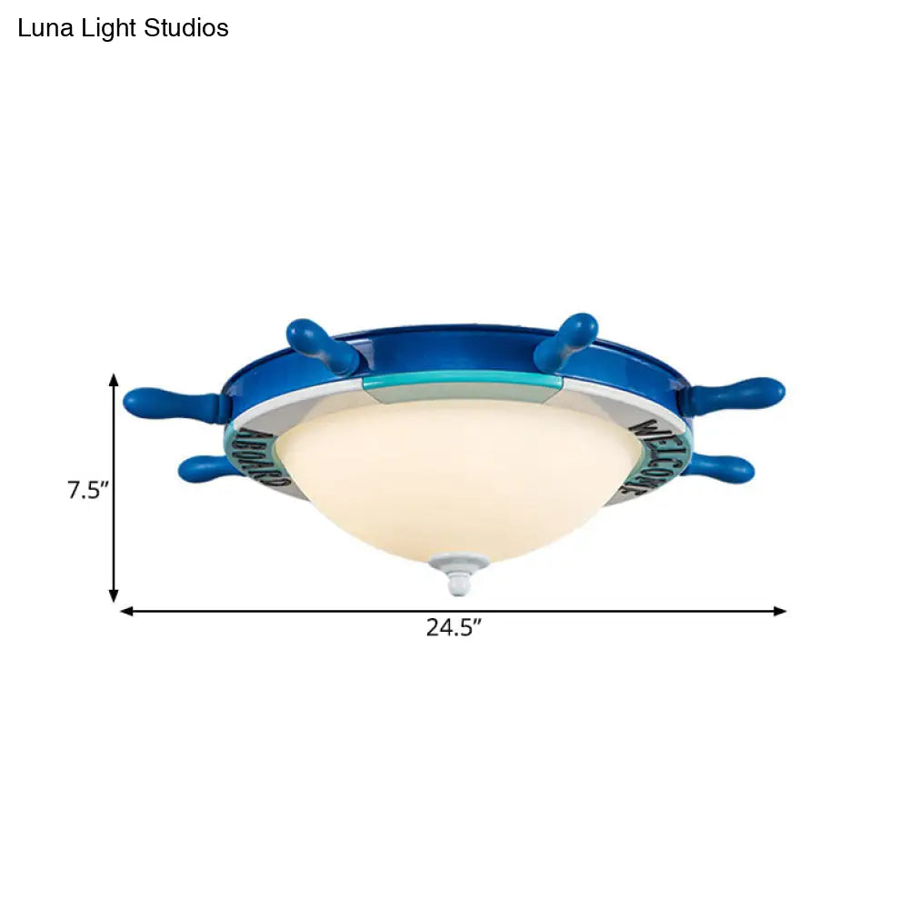 Nautical Style Led Flushmount Light With Blue Milk Glass Shade For Bedroom