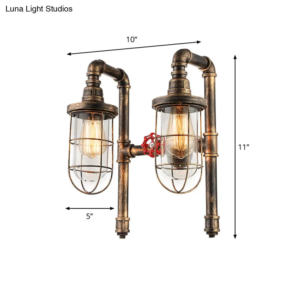 Nautical Wire Frame Sconce Light With Clear Glass Shade And Valve - 2 Bulb Iron Wall Lighting In