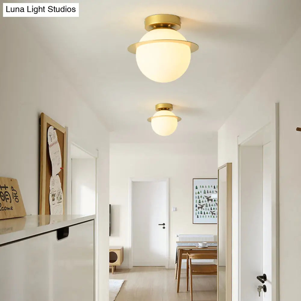Nordic 1 - Bulb Flush Mount Ceiling Light In Gold Finish With White Glass Globe