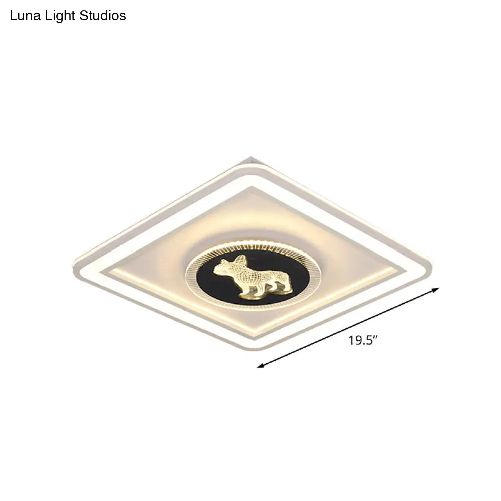 Nordic Animal Pattern Led Flush Lamp For Bedroom - Square/Round Mount In Black And White
