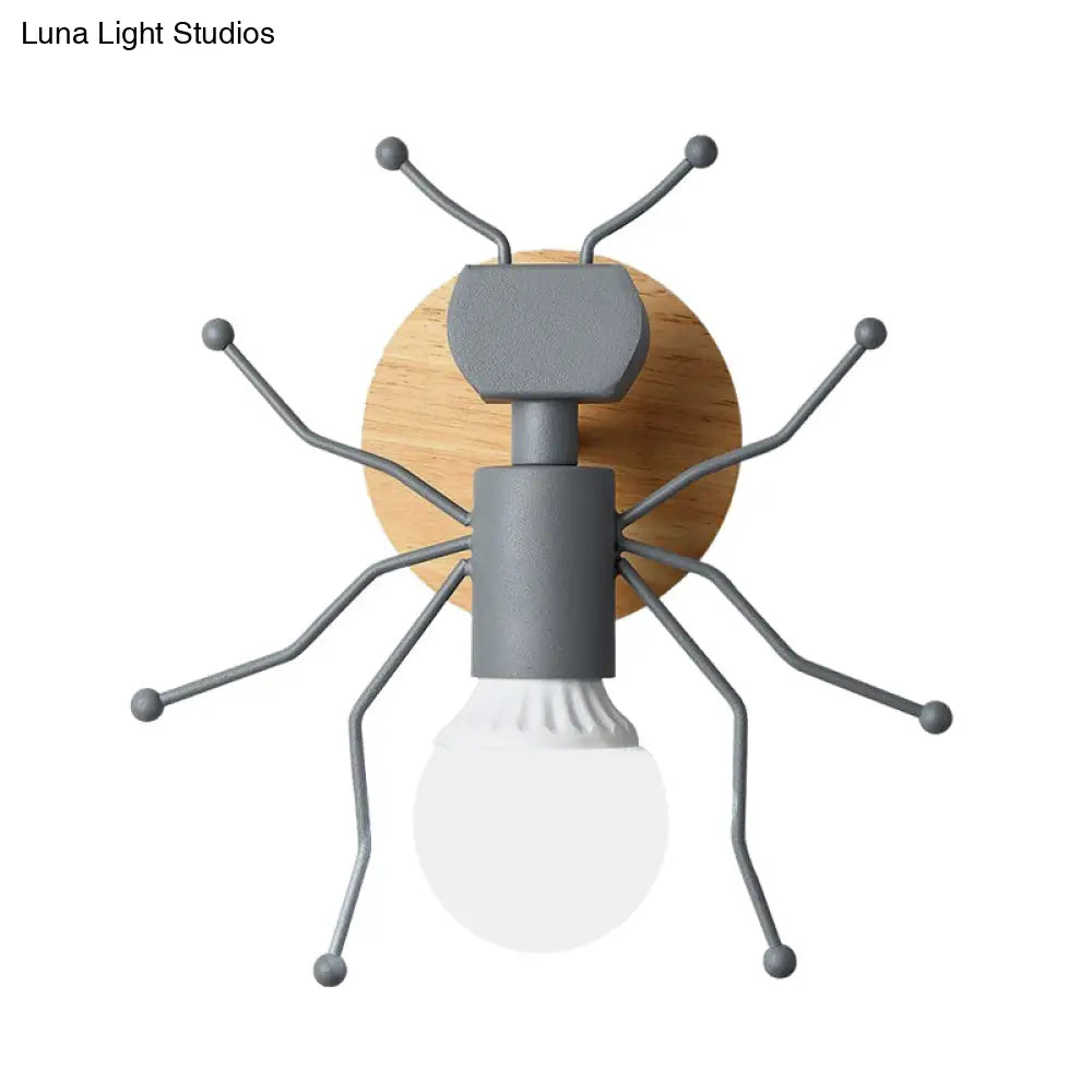 Nordic Ant Metal Sconce With Wood Backplate Wall Light - Grey/White/Green