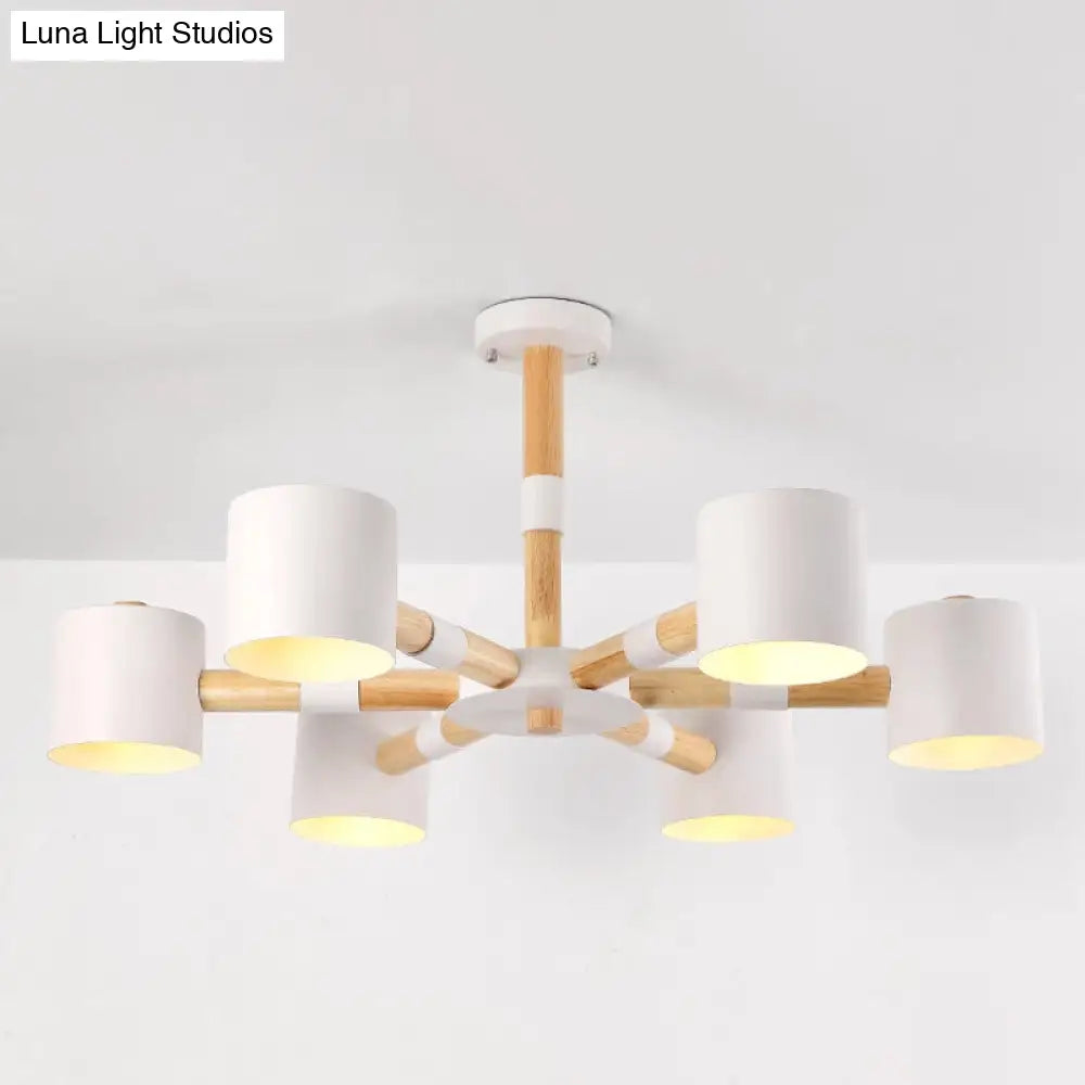 Nordic Chandelier: Metal & Wood Cylinder Shade Hotel Hanging Light With 6 Heads
