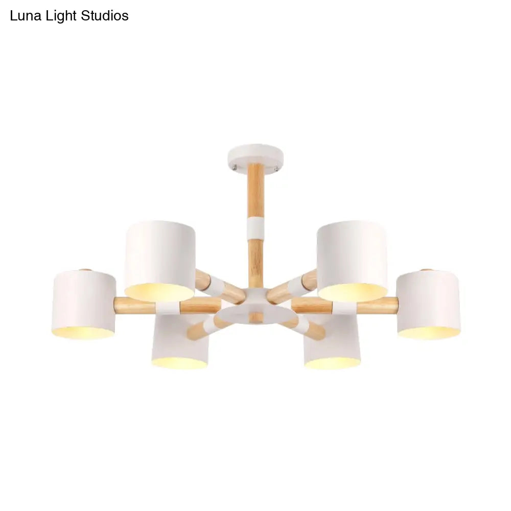 Nordic Chandelier: Metal & Wood Cylinder Shade Hotel Hanging Light With 6 Heads