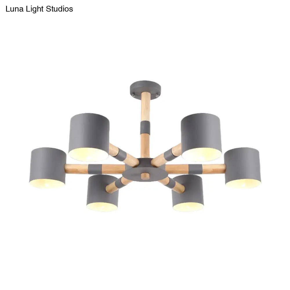 Nordic Chandelier: Metal & Wood Cylinder Shade Hotel Hanging Light With 6 Heads