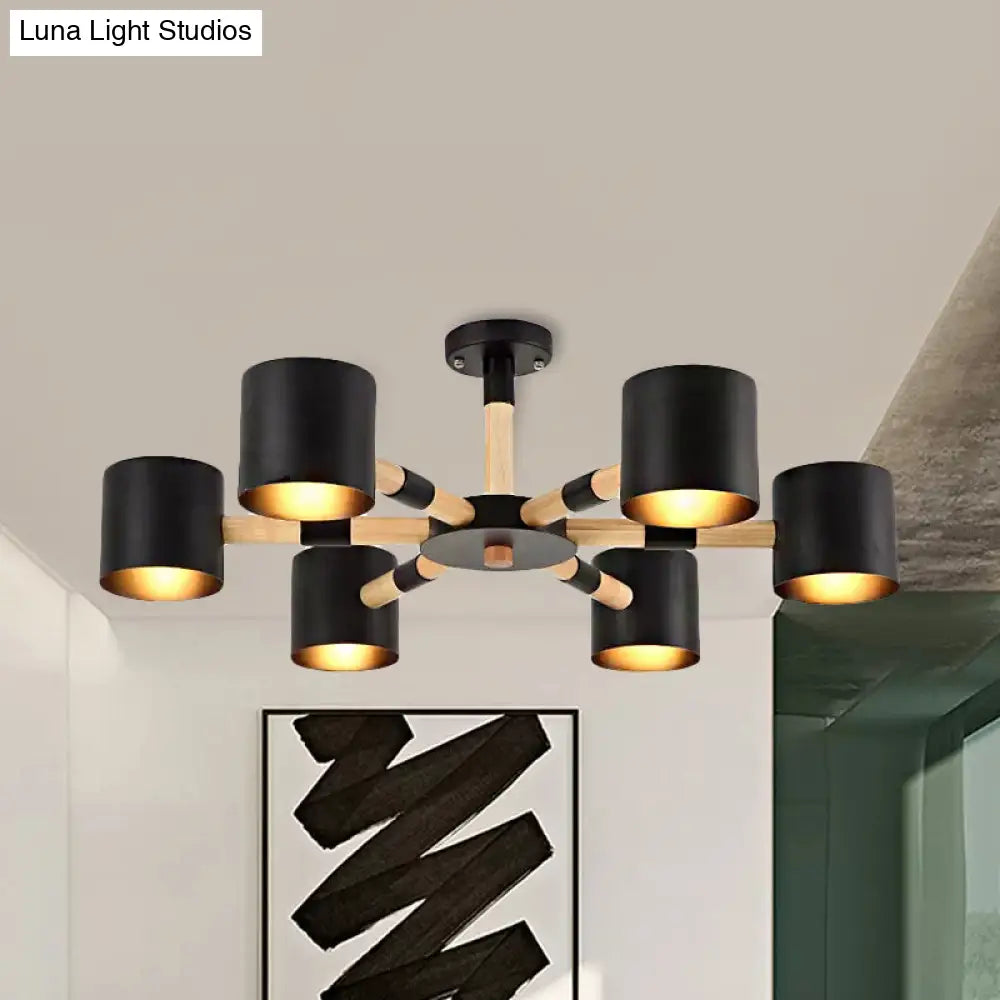 Nordic Chandelier: Metal & Wood Cylinder Shade Hotel Hanging Light With 6 Heads