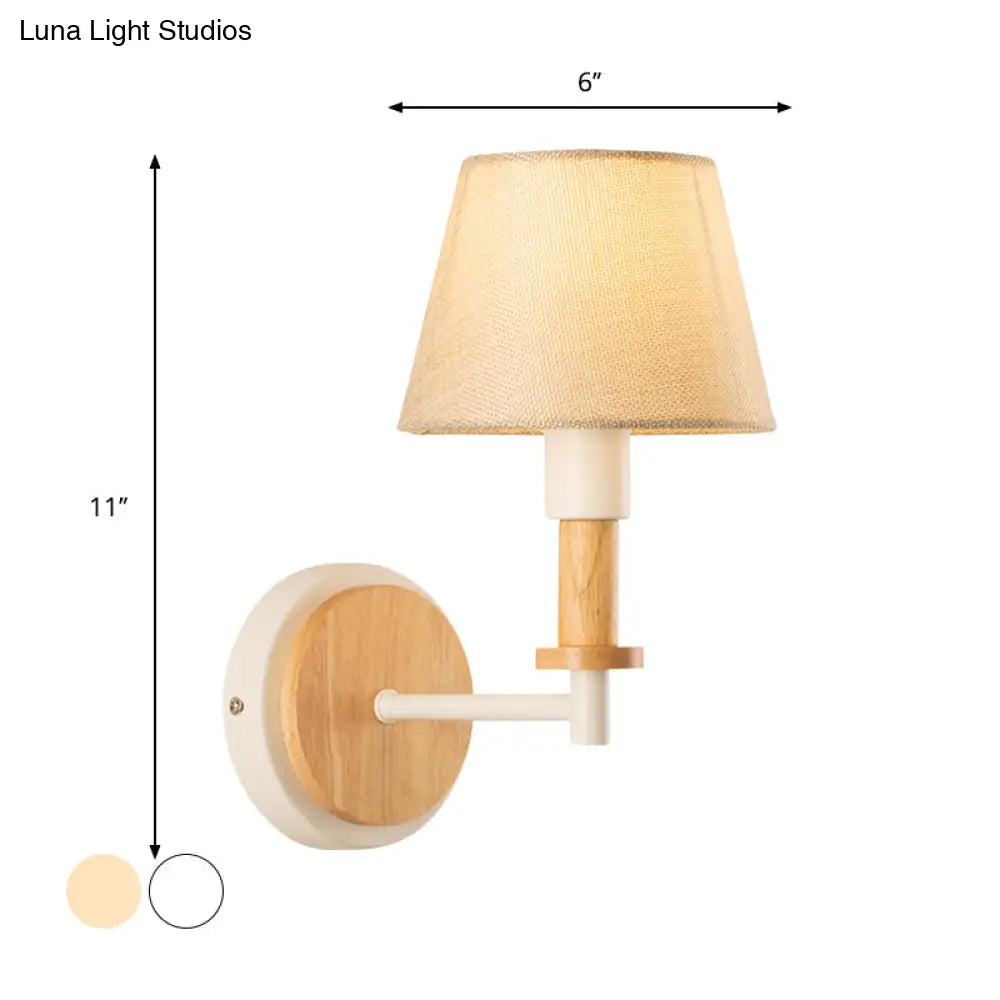 Nordic Conical Fabric Wall Mount Light With Right Angled Arm - 1-Bulb Black/White Lamp White/Beige