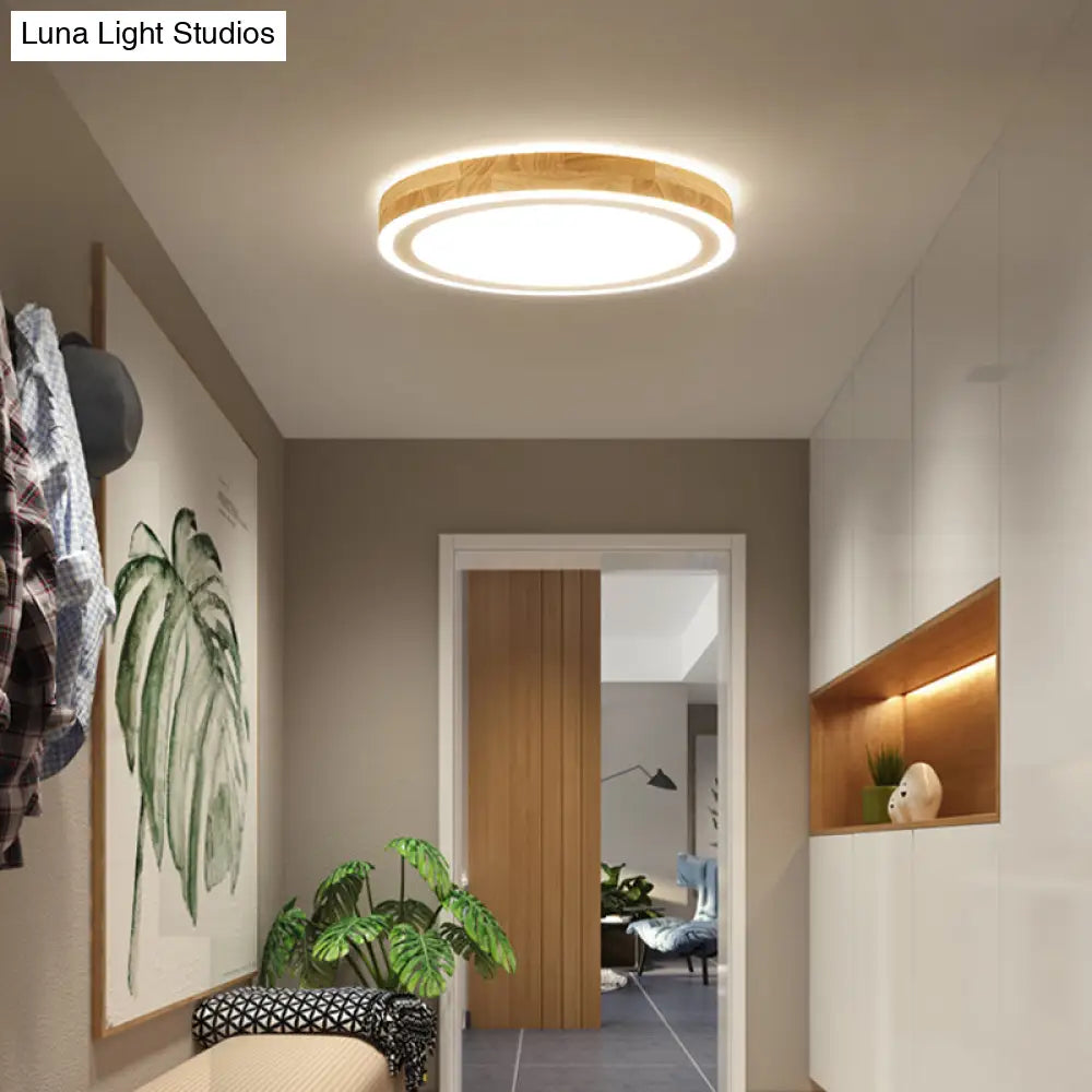 Nordic Dual Halo Ring Flush Mount Lamp - 12’/15’ Dia Wooden Led Ceiling Lighting In Beige Ideal