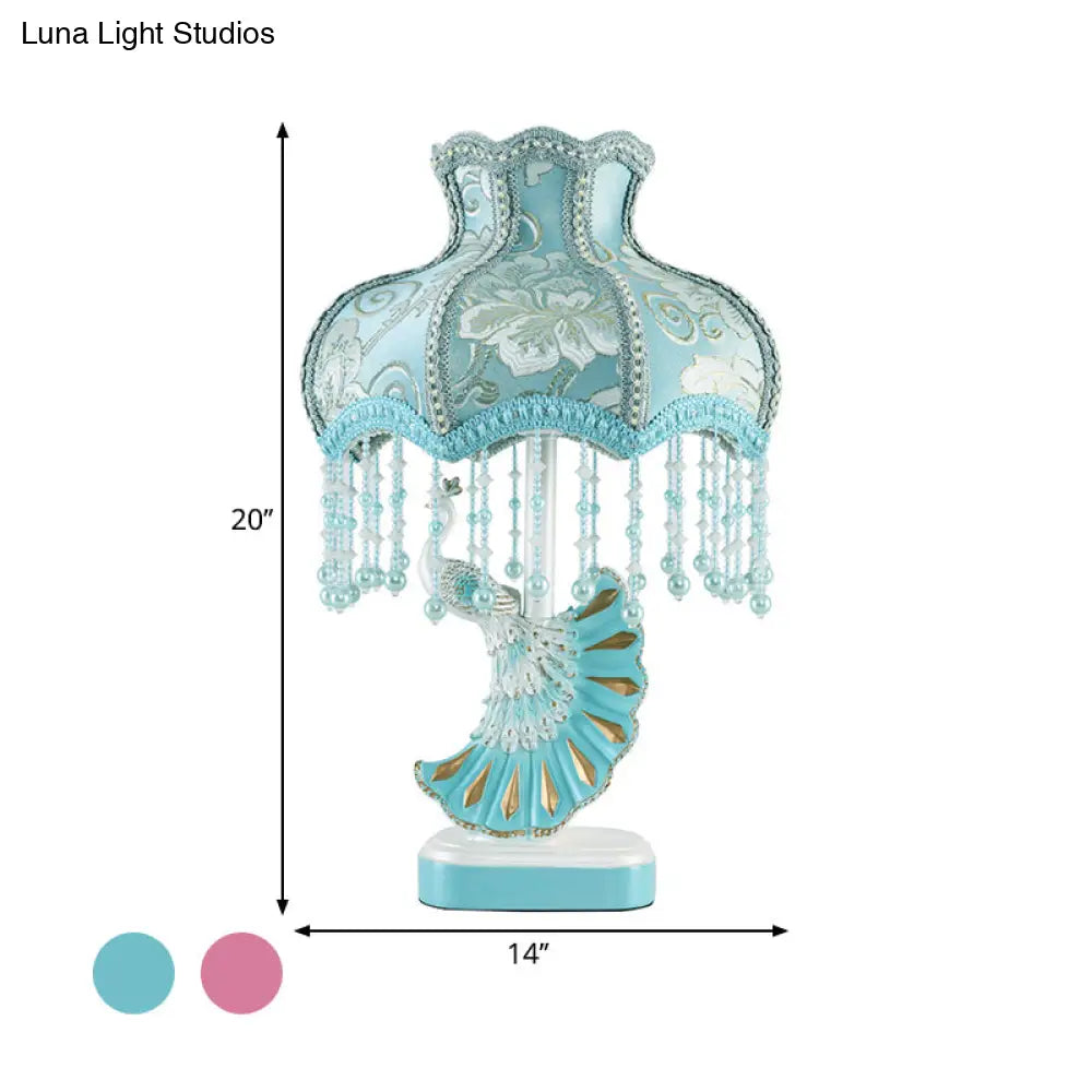 Nordic Fabric Dome Table Lamp - Pink/Blue Reading Book Light With Fringe And Peacock Deco