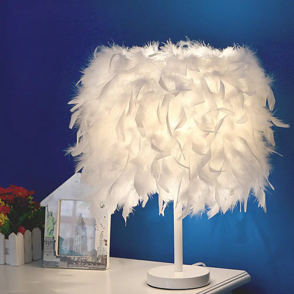 Nordic Feather Cylinder Nightstand Lamp - Elegant 1 Bulb Table Light For Bedroom With White/Chrome