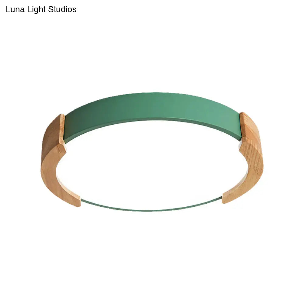 Nordic Grey/White/Green Round Flush Light With Wood Side Guard - Ceiling Mounted Fixture For Bedroom