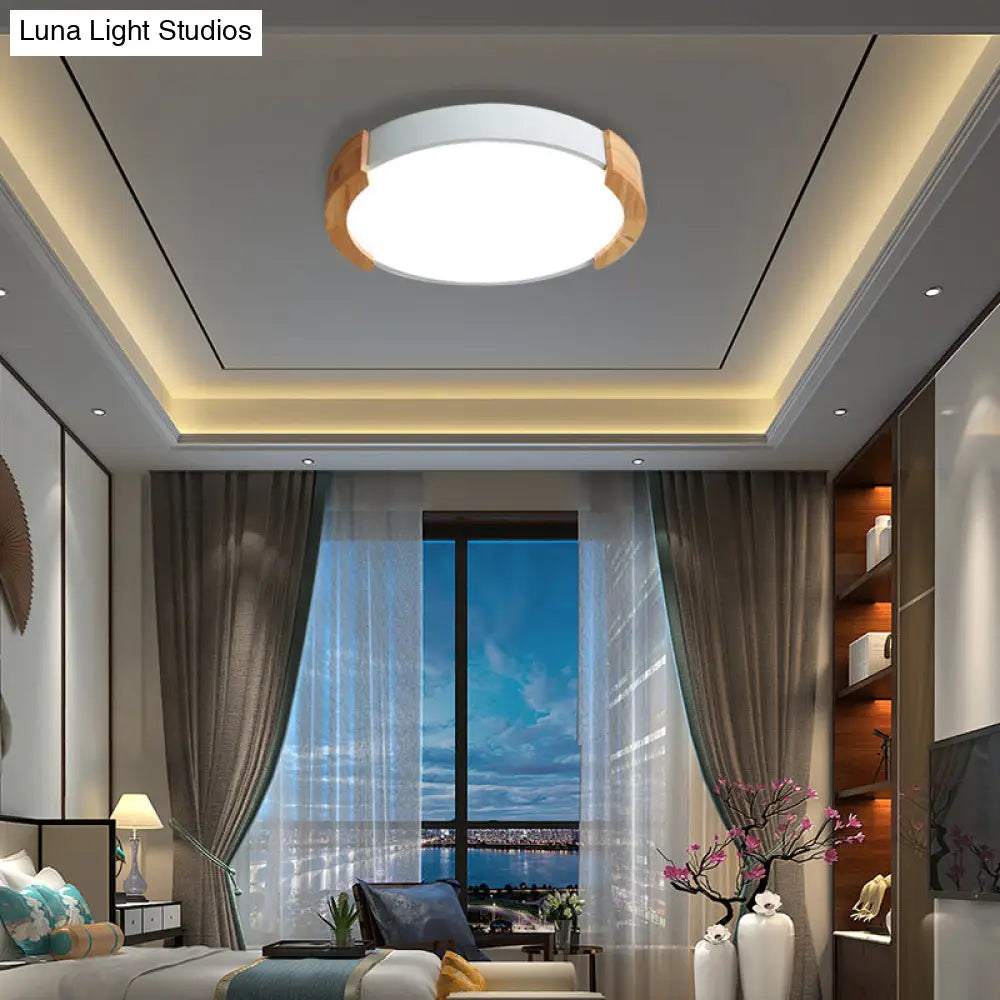 Nordic Grey/White/Green Round Flush Light With Wood Side Guard - Ceiling Mounted Fixture For Bedroom