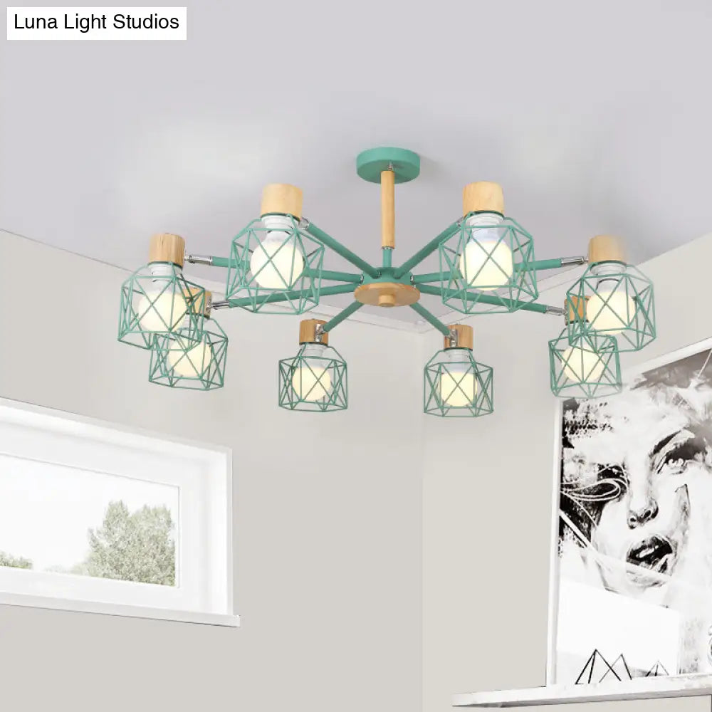 Nordic Iron Cage Semi - Flush Lamp With 3/6/8 - Head Black/Green/Gold Pendant Lighting For Ceiling