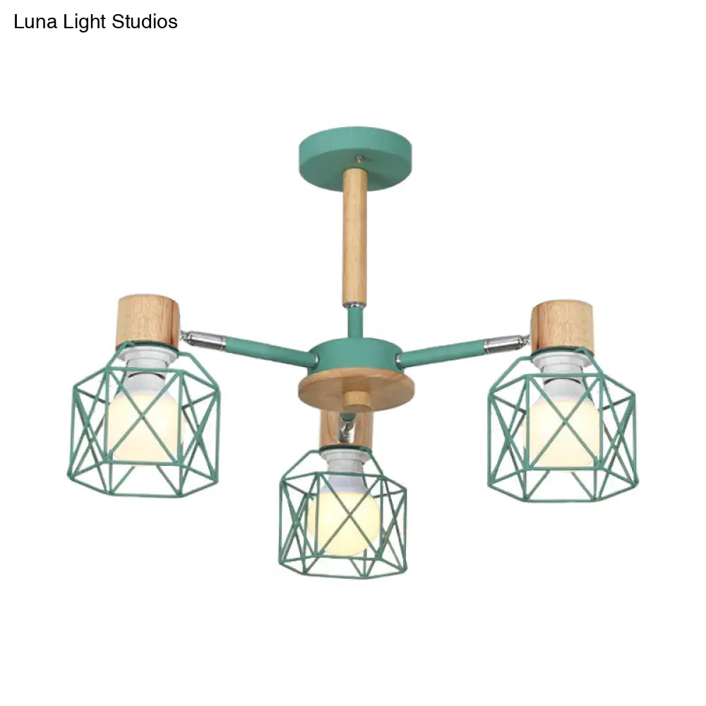 Nordic Iron Cage Semi - Flush Lamp With 3/6/8 - Head Black/Green/Gold Pendant Lighting For Ceiling