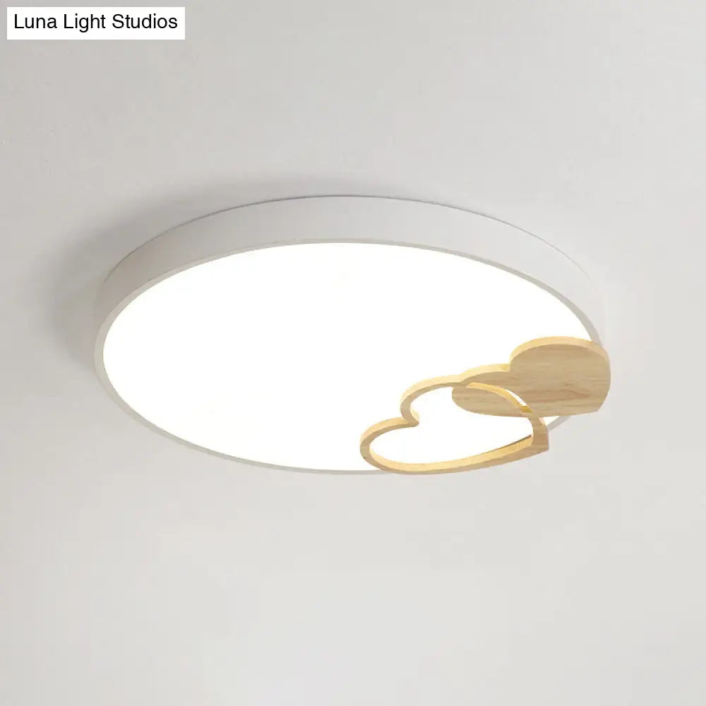 Nordic Led Acrylic Drum Flush Mount Ceiling Light With Heart Decor In Gray/White/Green