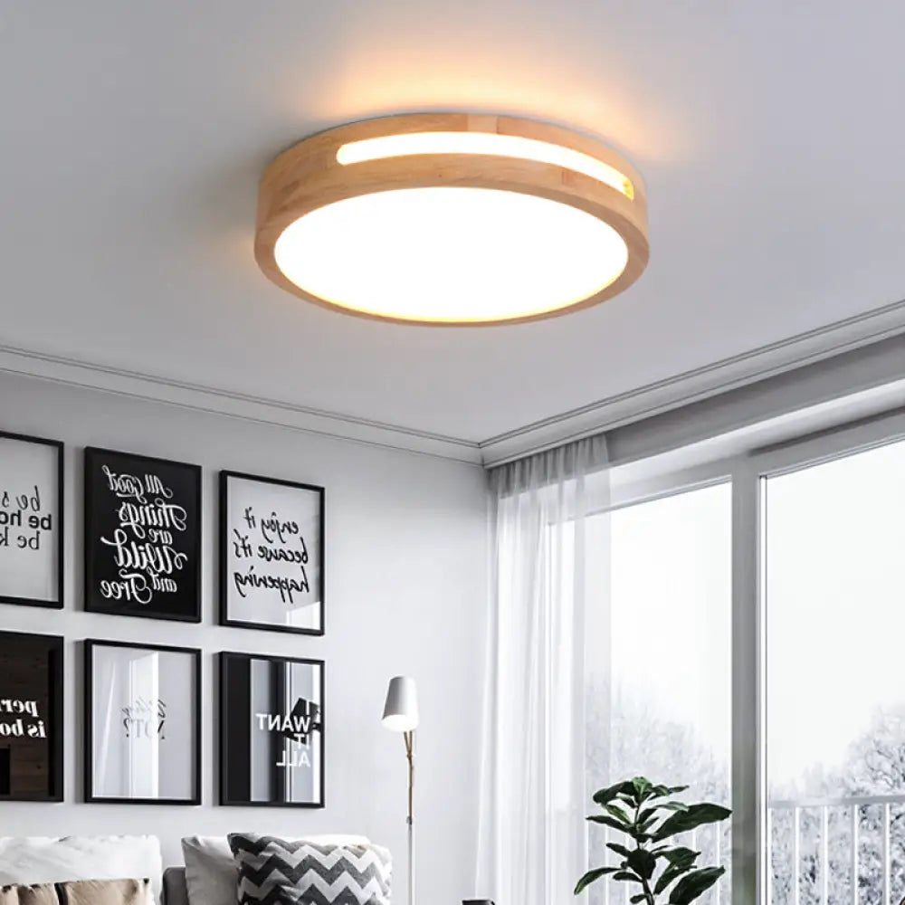 Nordic Led Flush Ceiling Light With Natural Wood Drum Design Warm/White Lighting 12/16/19.5 Diameter