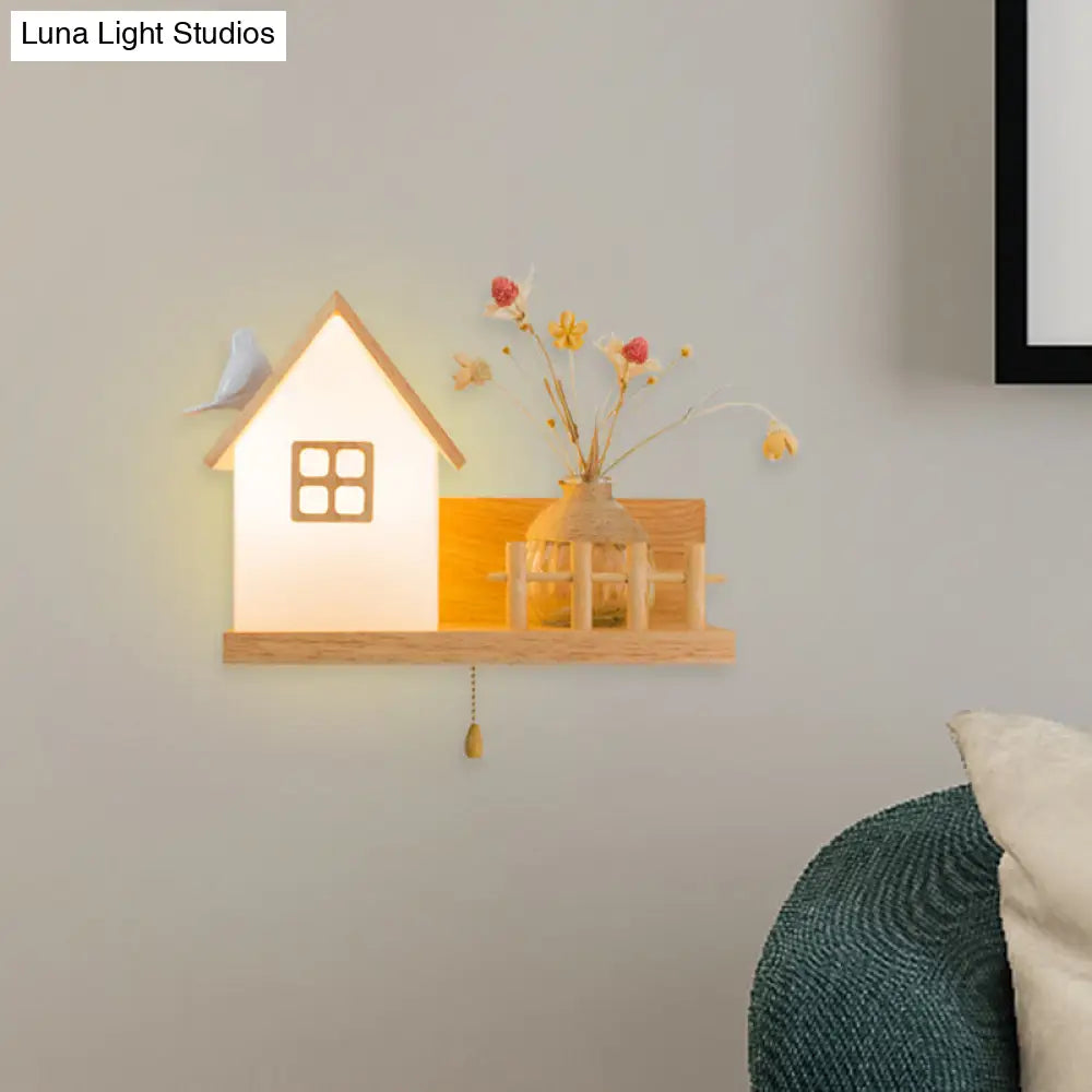 Nordic Milky Glass Wall Sconce With Wood Spiral/Cylinder Design - Mounted Light Fixture