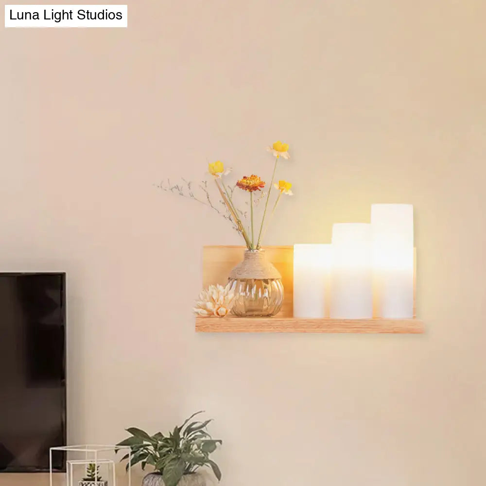 Nordic Milky Glass Wall Sconce With Wood Spiral/Cylinder Design - Mounted Light Fixture