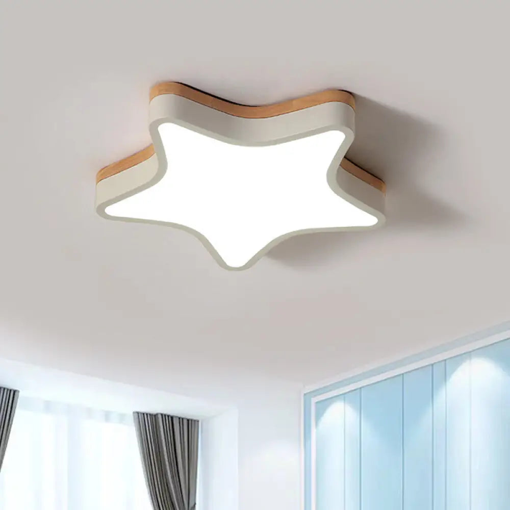 Nordic Nursing Room Star Flush Ceiling Lamp With Acrylic & Wood Panels: Slim Stylish Fixture White
