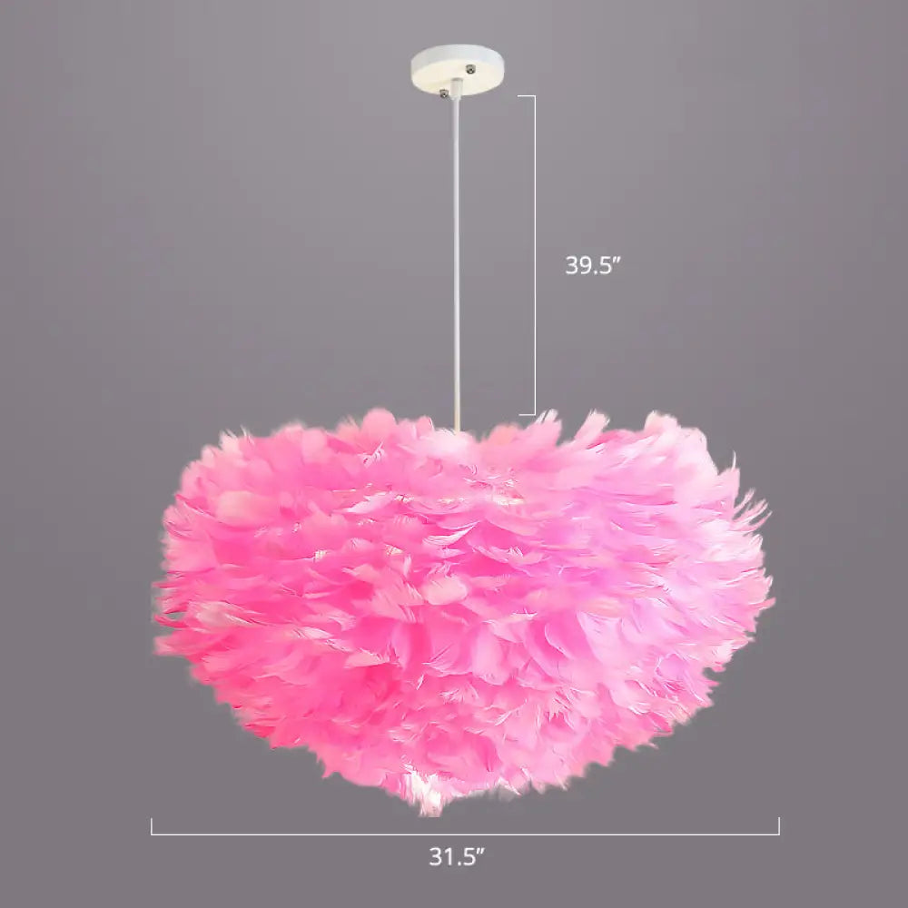 Nordic Style Bedroom Suspension Light Fixture With Feather Dome Pendant Shade Pink / 31.5’