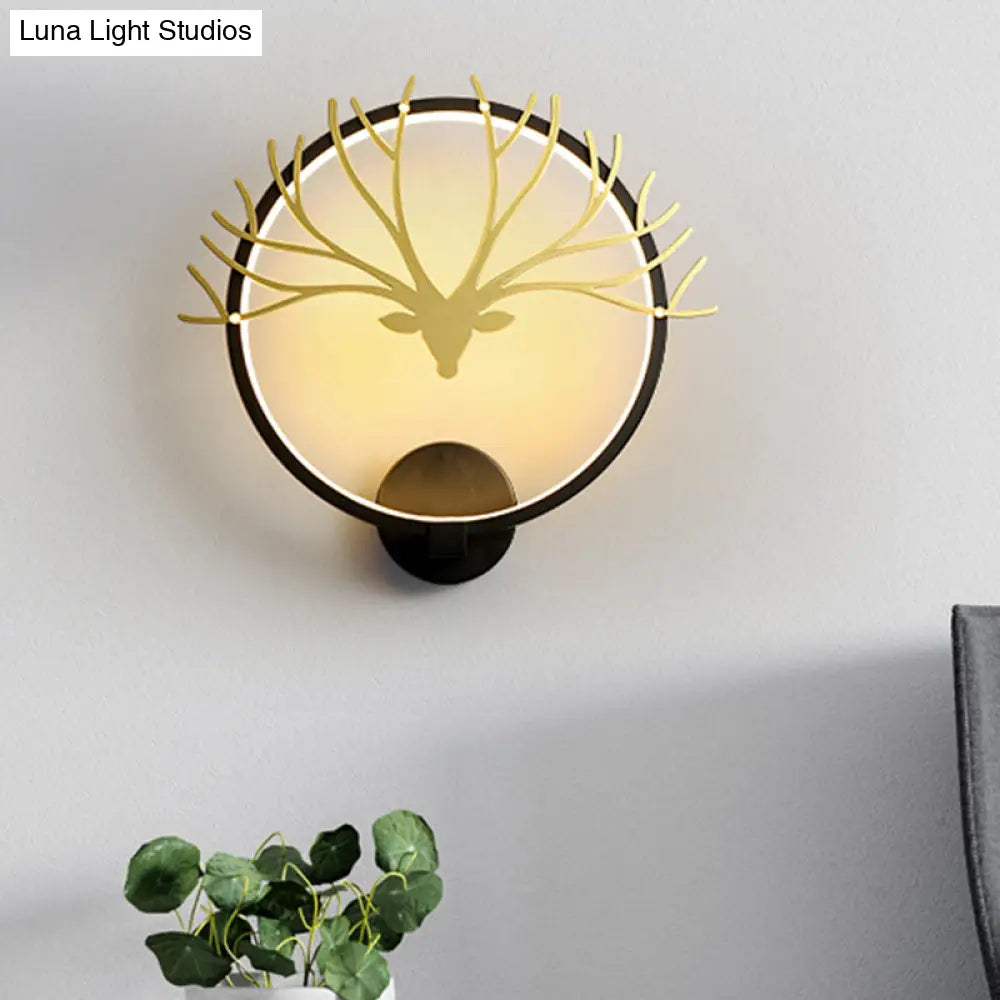 Nordic Style Circular Elk Deer Head Wall Lamp - Metal Led Black/Gold Mural Light For Bedside