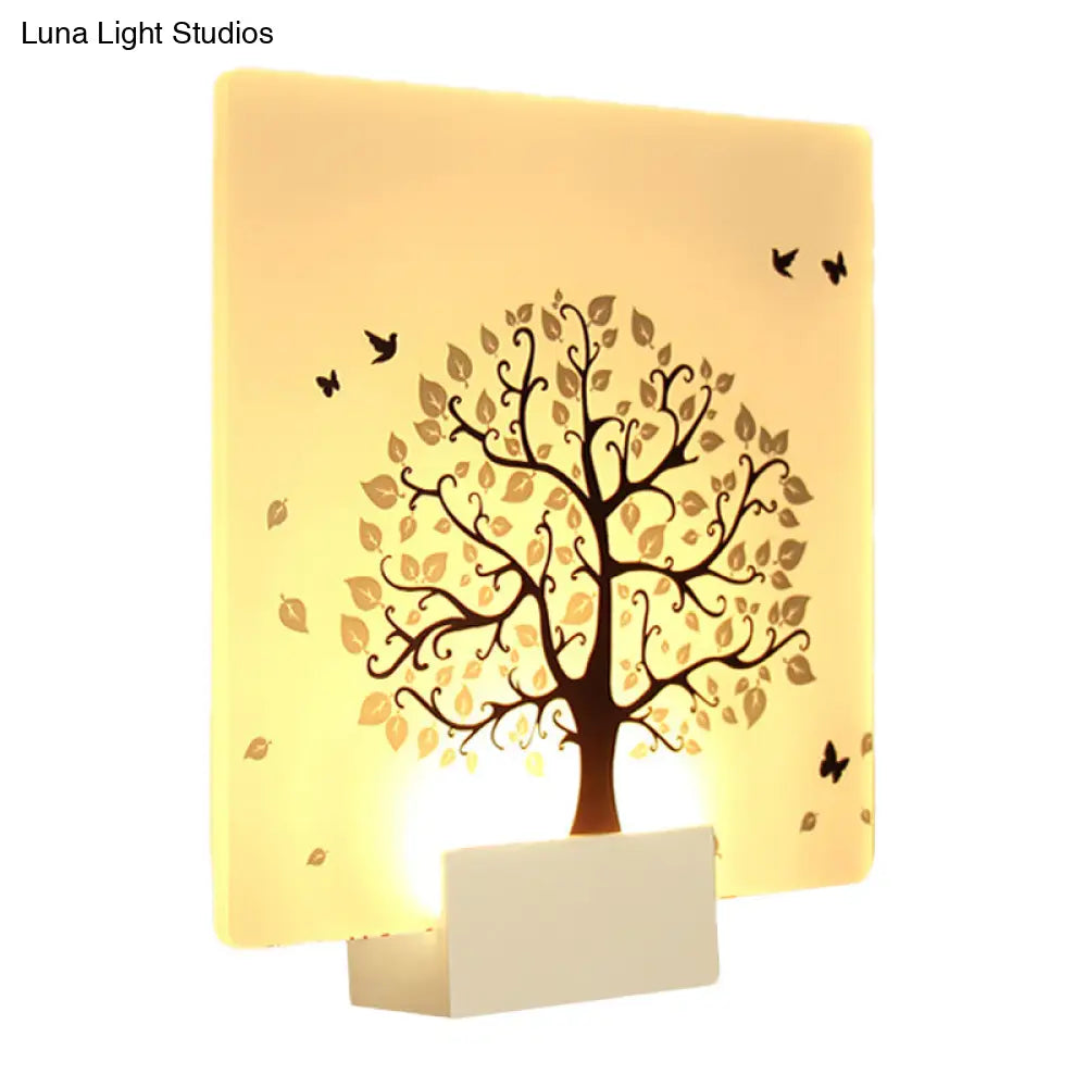 Nordic Style Led Acrylic Wall Mural Lamp - White Square Tree And Bird Light For Living Room