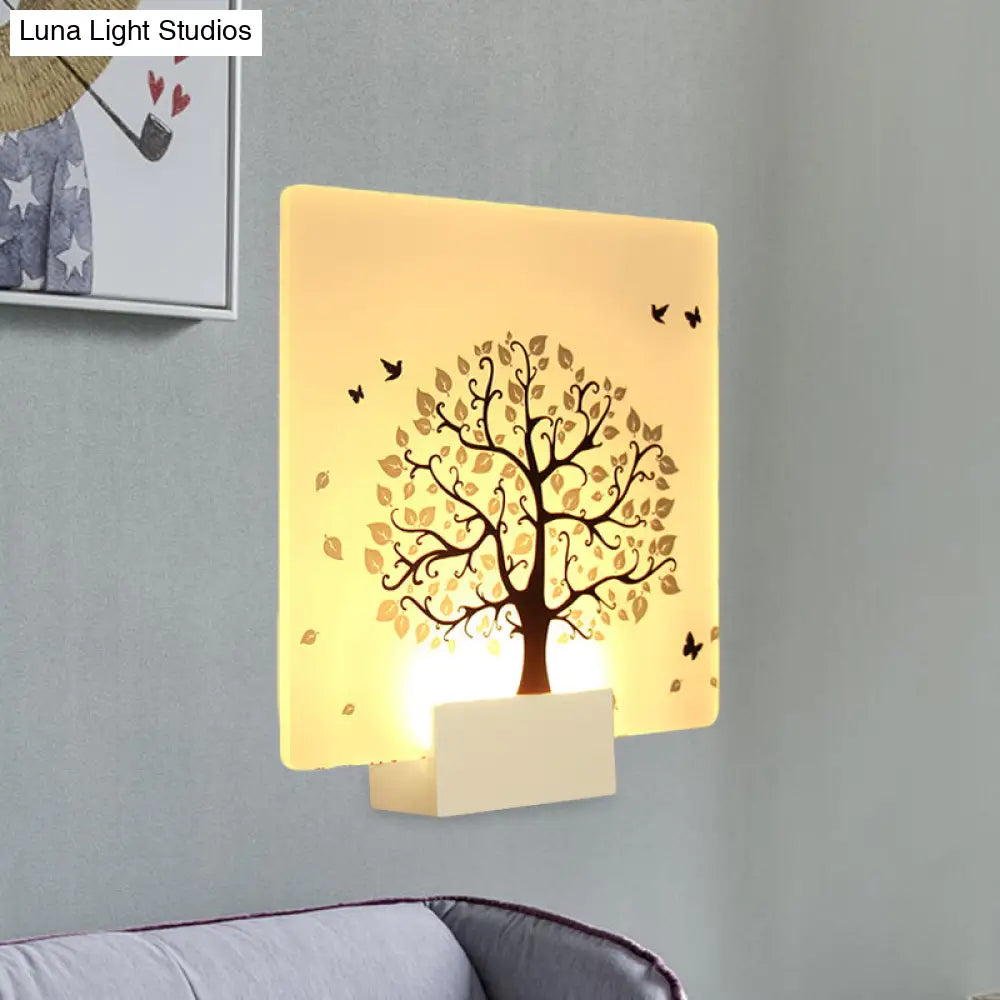 Nordic Style Led Acrylic Wall Mural Lamp - White Square Tree And Bird Light For Living Room
