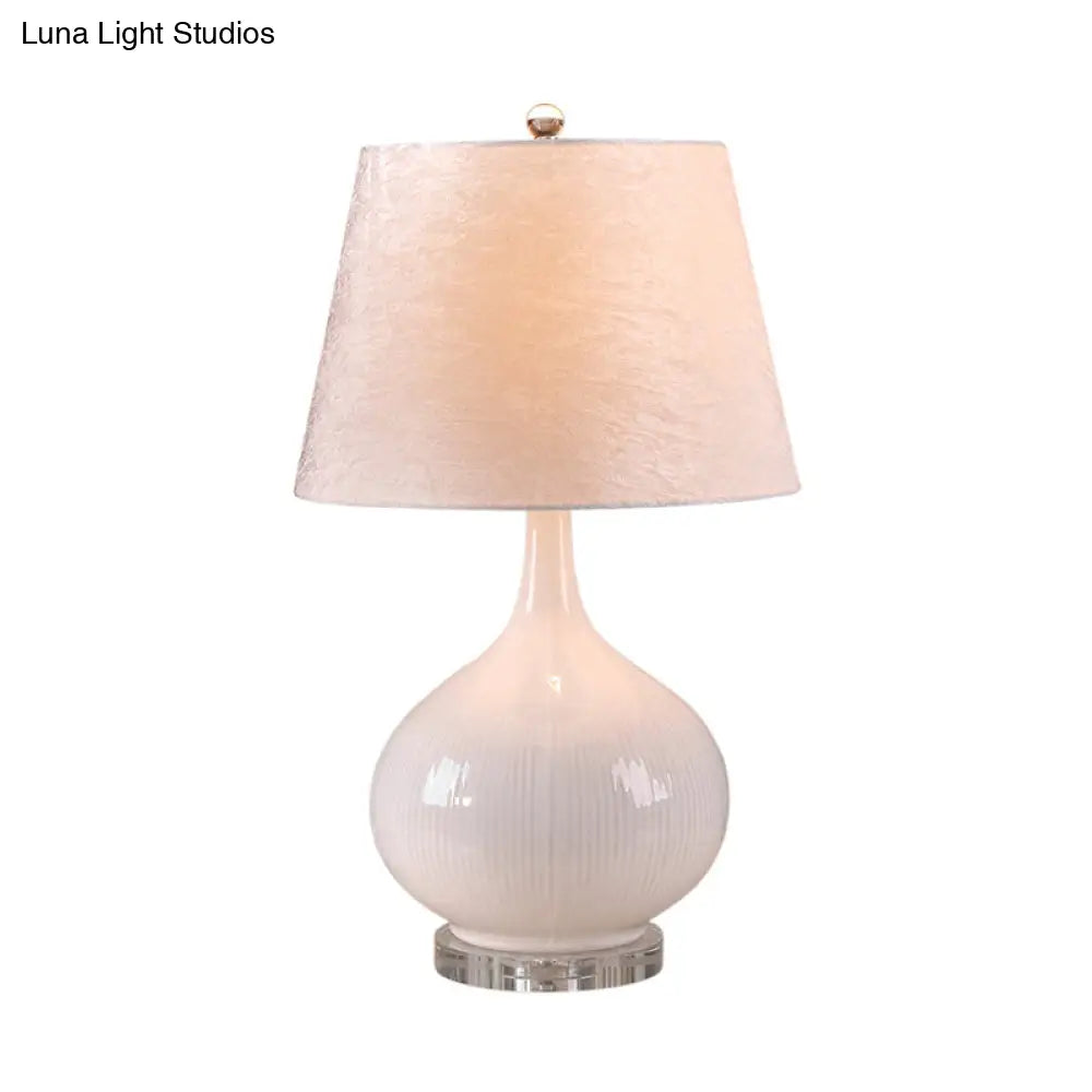 Nordic White Living Room Desk Lamp - Elegant 1-Bulb Reading Light With Fabric Shade