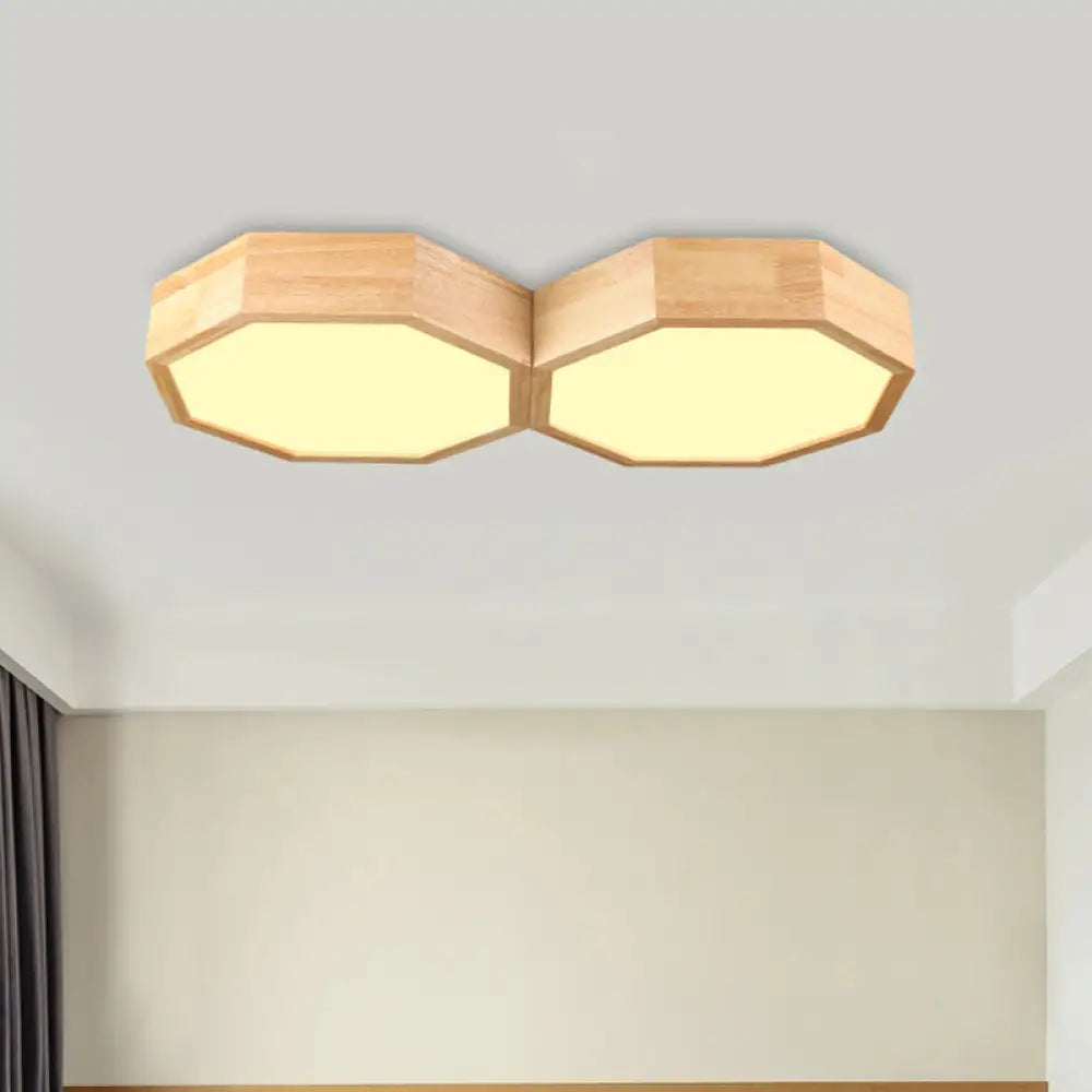 Octagon Twin Ceiling Light Fixture - Nordic Wood Led Flush Mount Lamp For Bedroom