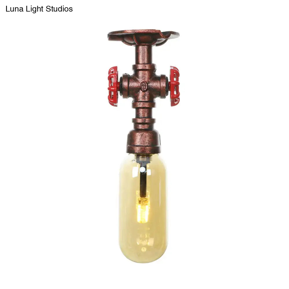 One Light Capsule Semi Flush Industrial Weathered Copper Amber Glass Fixture With Pipe Design