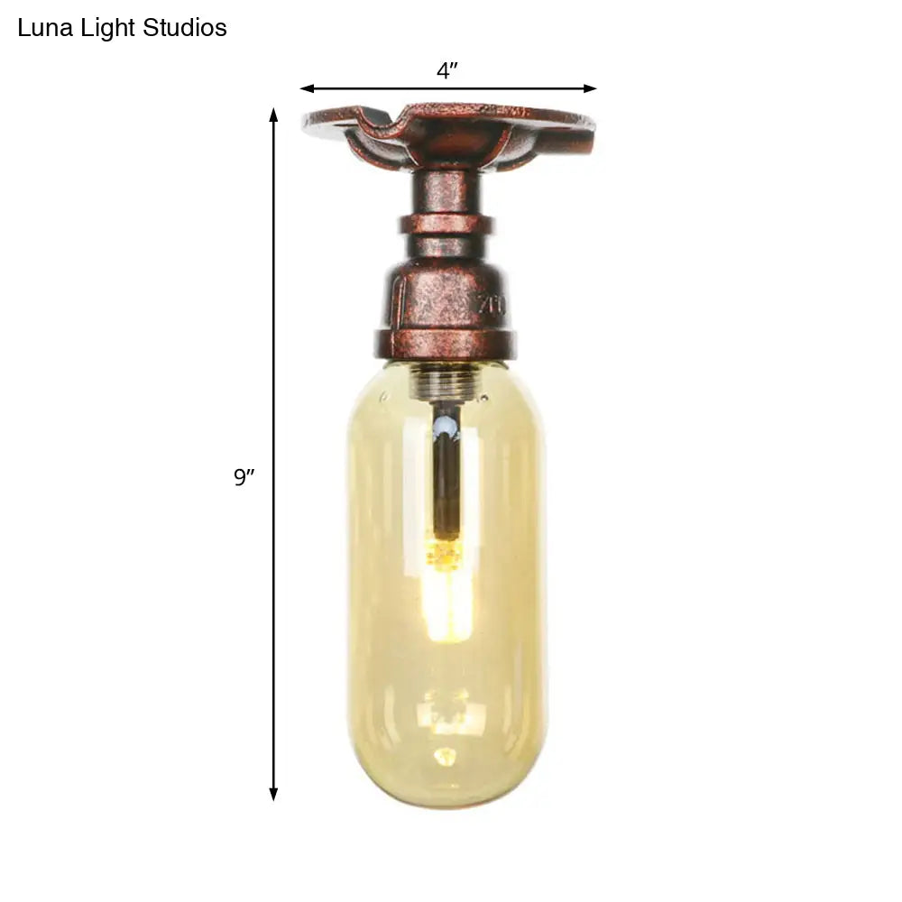 One Light Capsule Semi Flush Industrial Weathered Copper Amber Glass Fixture With Pipe Design