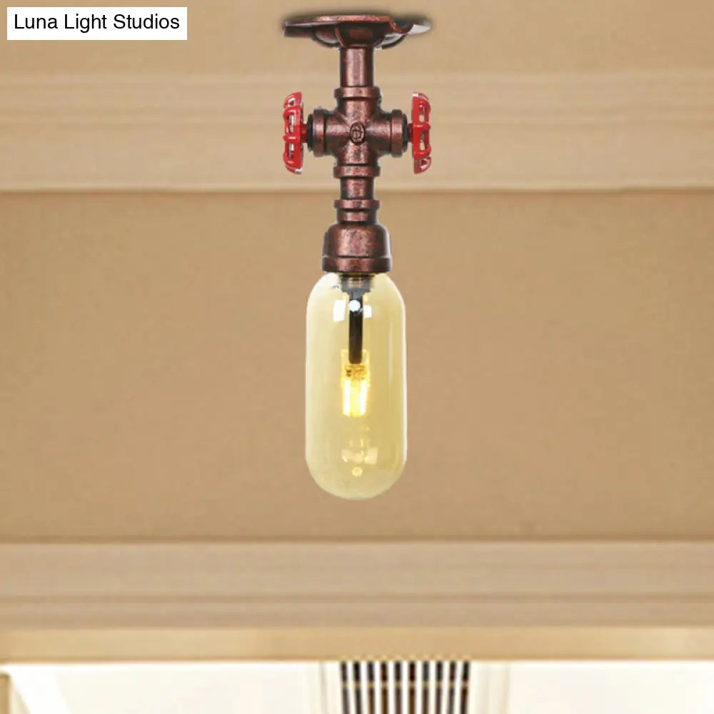 One Light Capsule Semi Flush Industrial Weathered Copper Amber Glass Fixture With Pipe Design