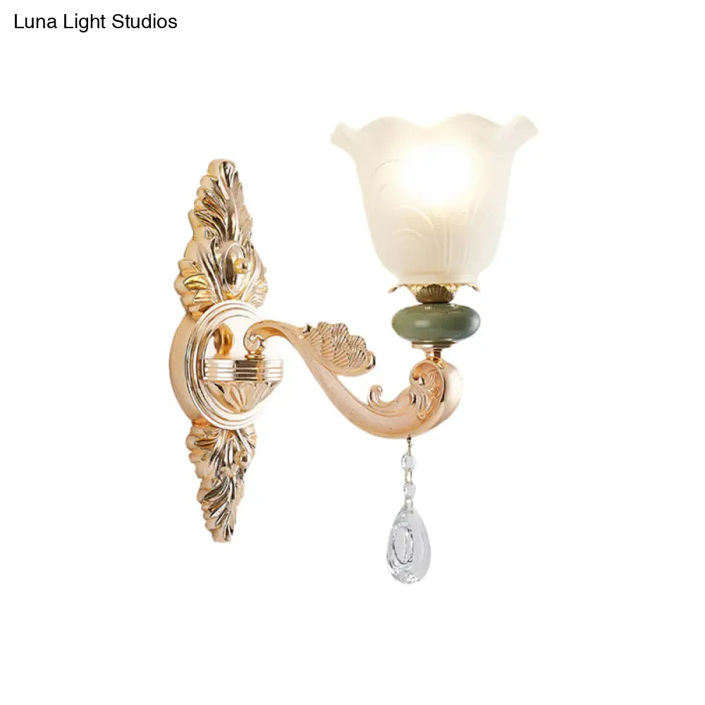 Opal Frosted Glass Ruffle Shade Wall Sconce Light In Gold Traditional Half-Bulb Lighting