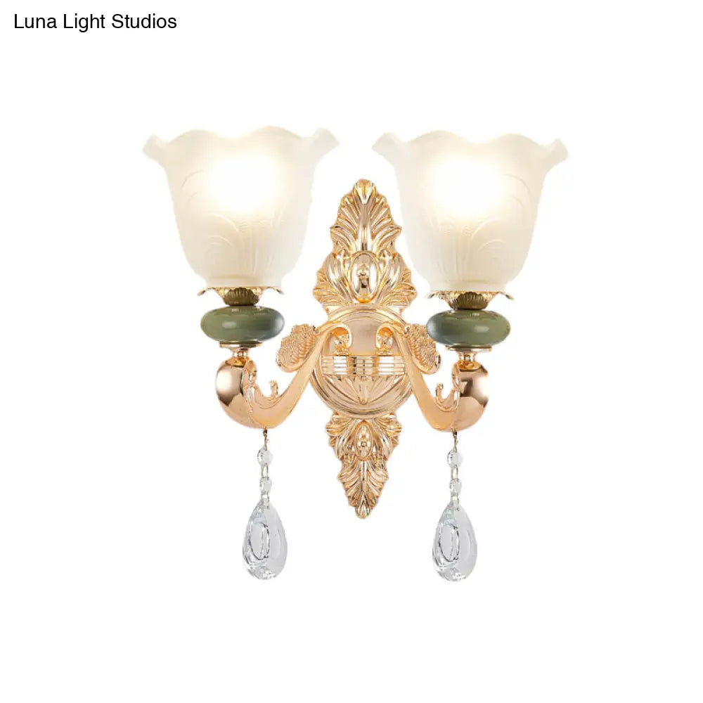 Opal Frosted Glass Ruffle Shade Wall Sconce Light In Gold Traditional Half-Bulb Lighting