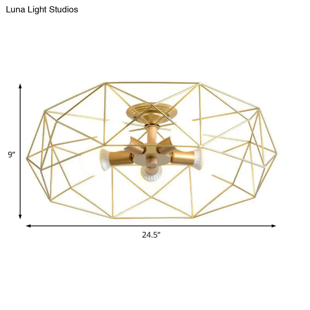 Opal Glass Geometric Semi Flush Gold Light Fixture For Industrial Bedroom - 3/4/5 Lights