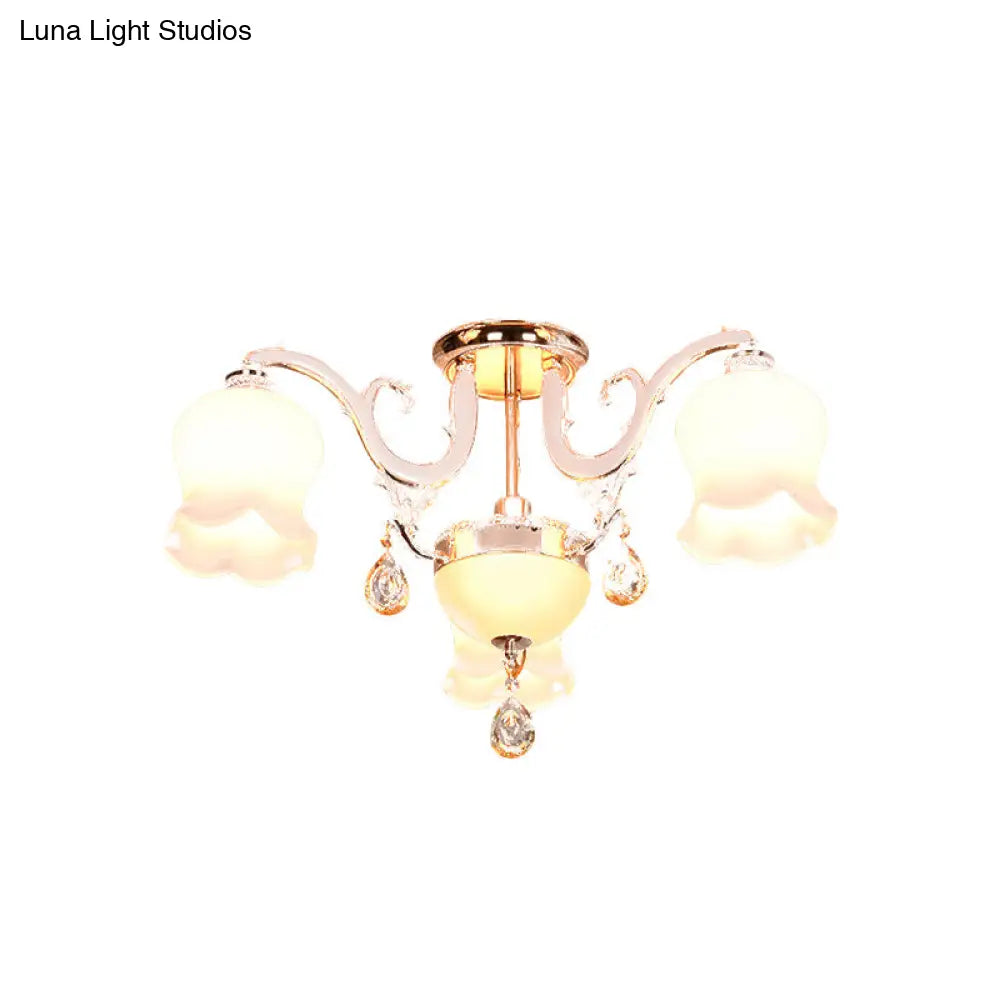 Opal Glass Semi Flush Ceiling Light With Crystal Drop - Traditional Scalloped Design In Gold
