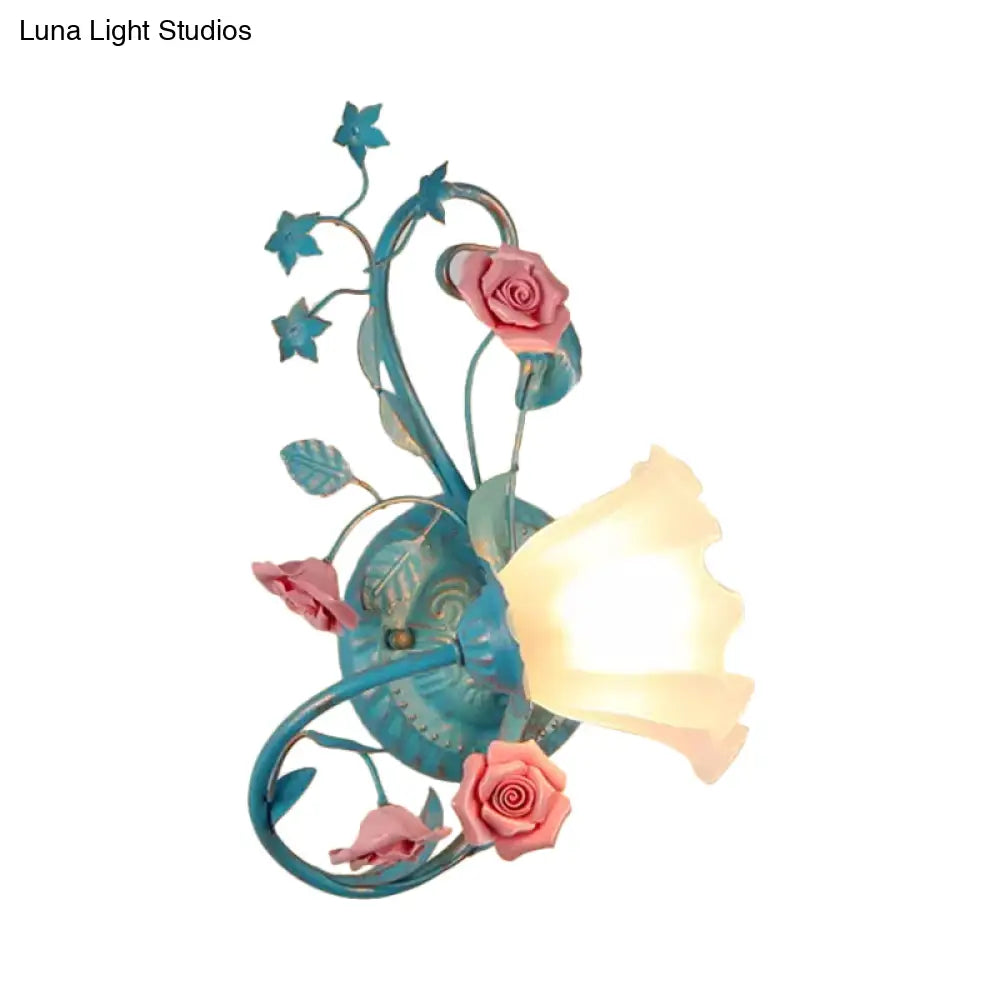 Opal Matte Glass Wall Lamp - Pastel Blue-Pink/Blue-White Scroll Flower Sconce Light (Left/Right)