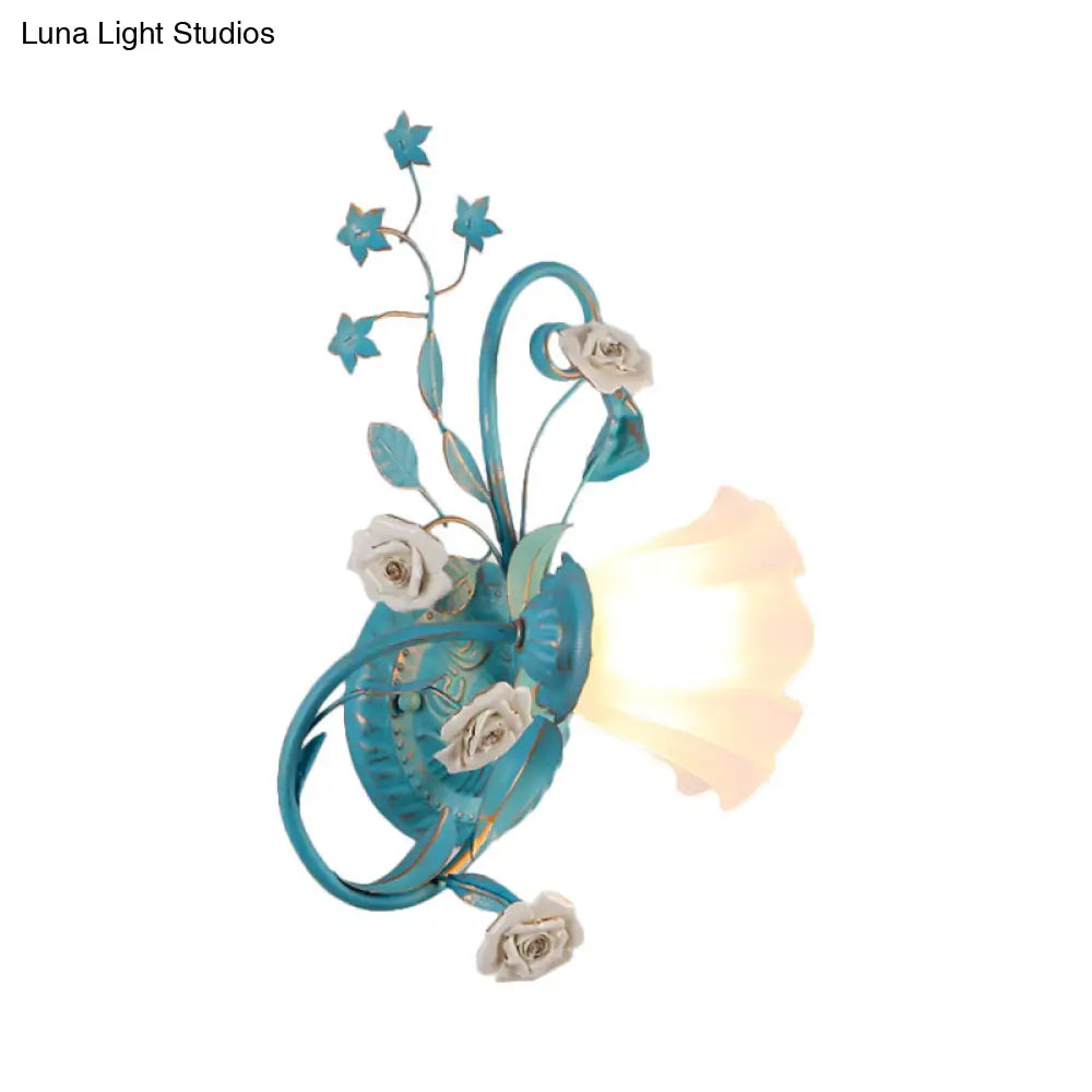 Opal Matte Glass Wall Lamp - Pastel Blue-Pink/Blue-White Scroll Flower Sconce Light (Left/Right)