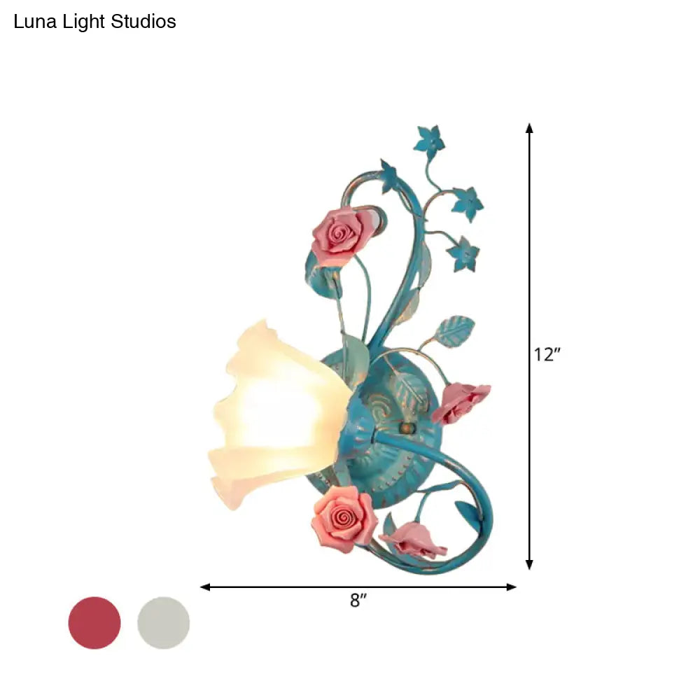 Opal Matte Glass Wall Lamp - Pastel Blue-Pink/Blue-White Scroll Flower Sconce Light (Left/Right)