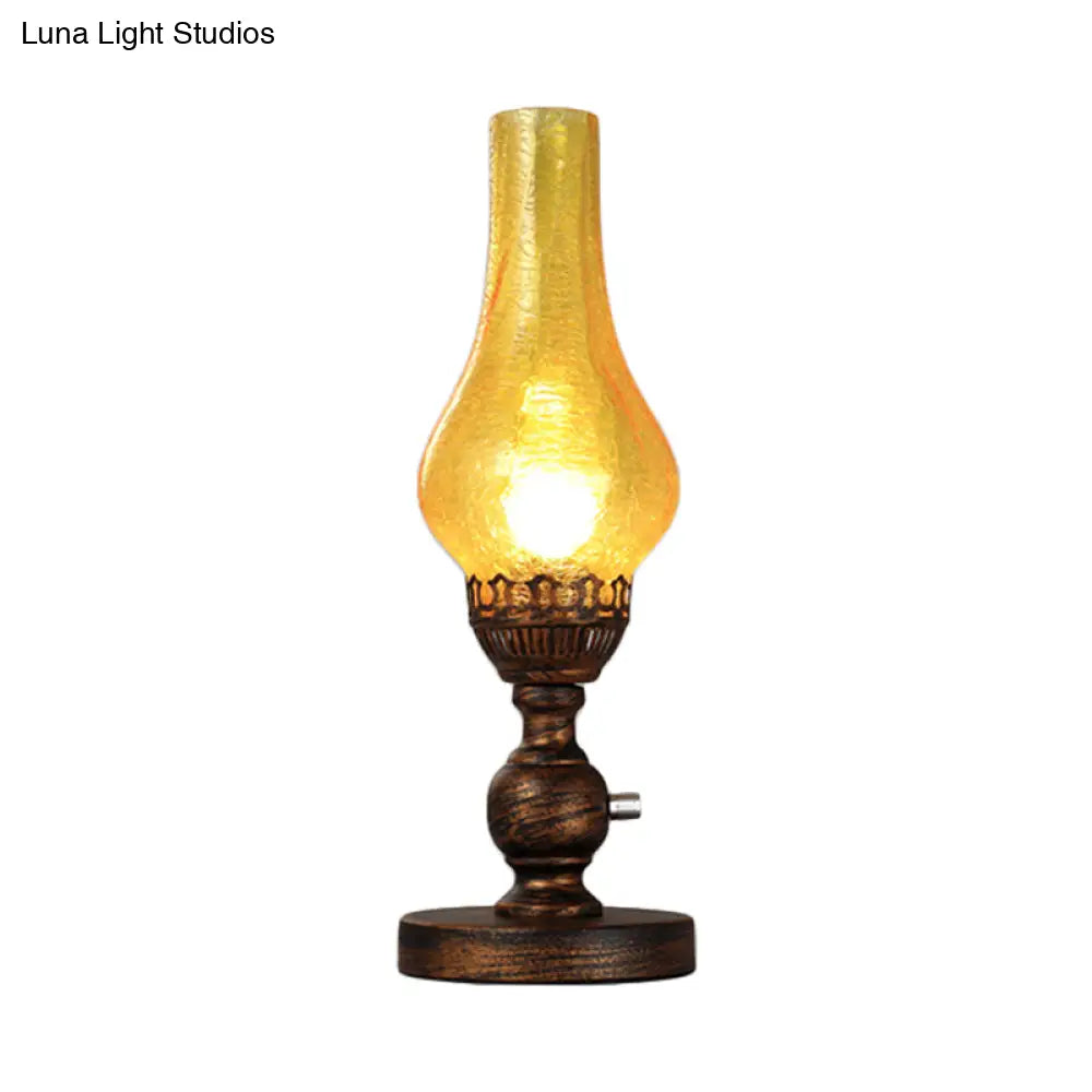 Orange/Clear Crackle Glass Desk Lighting With Iron Base - Industrial Vase Table Light For Bedroom