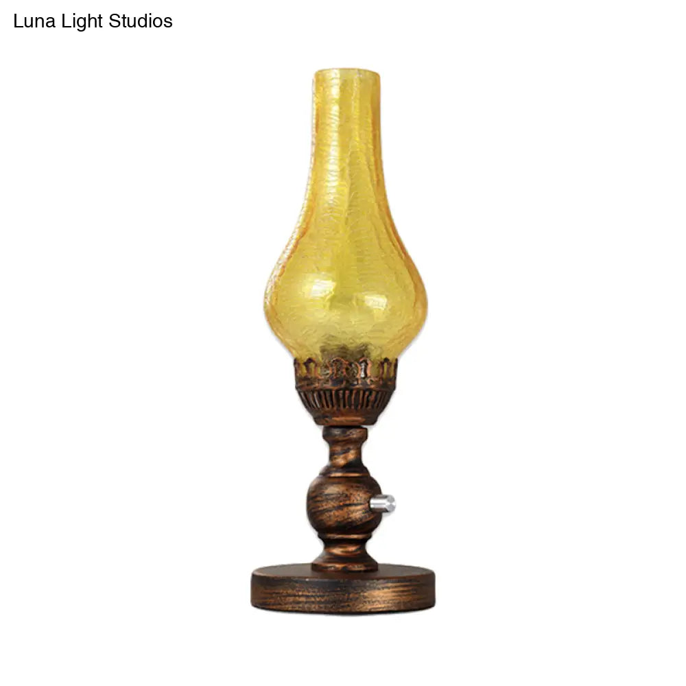 Orange/Clear Crackle Glass Desk Lighting With Iron Base - Industrial Vase Table Light For Bedroom